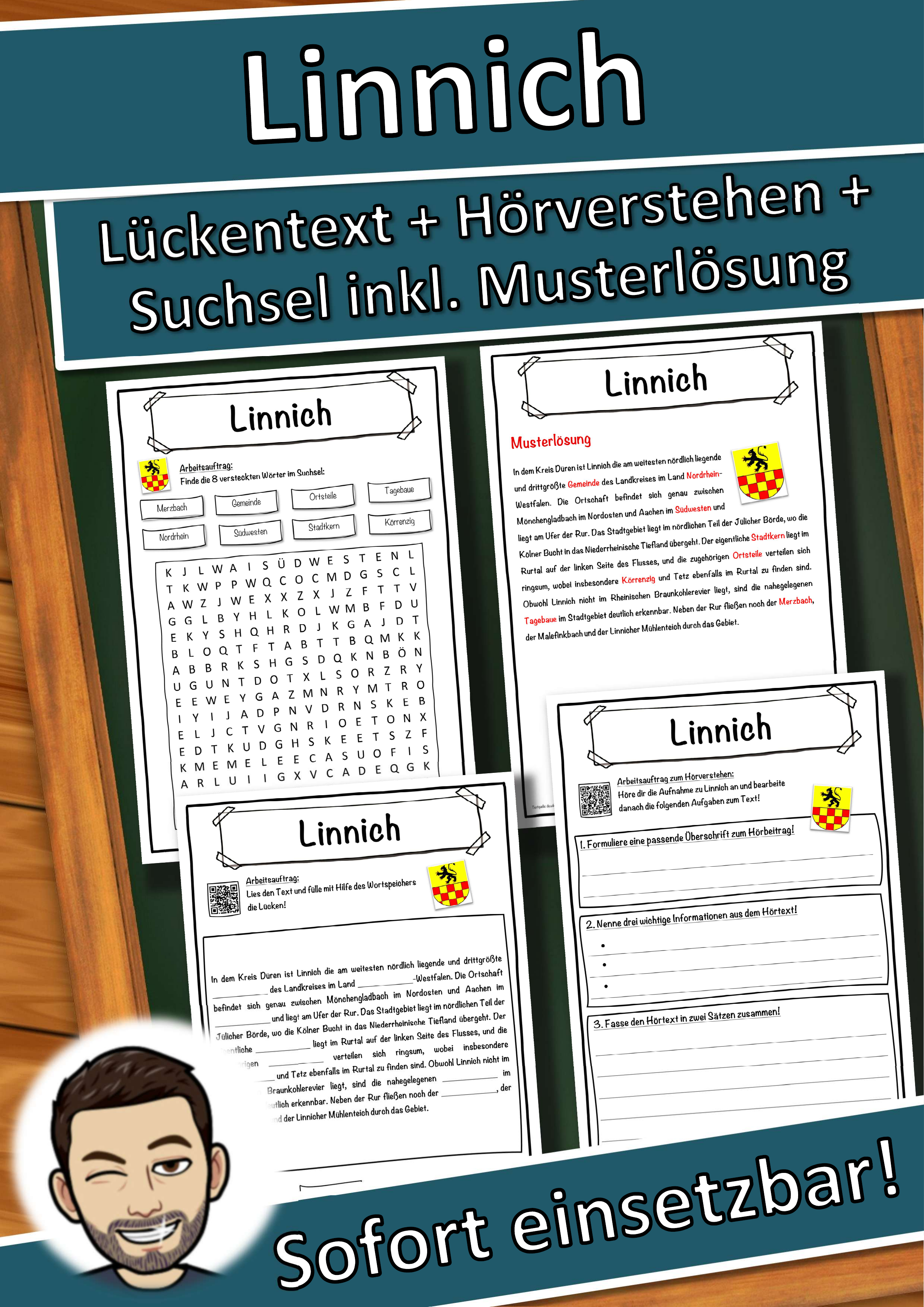 Linnich Lückentext mit Wortspeicher Hörverstehen und Suchsel