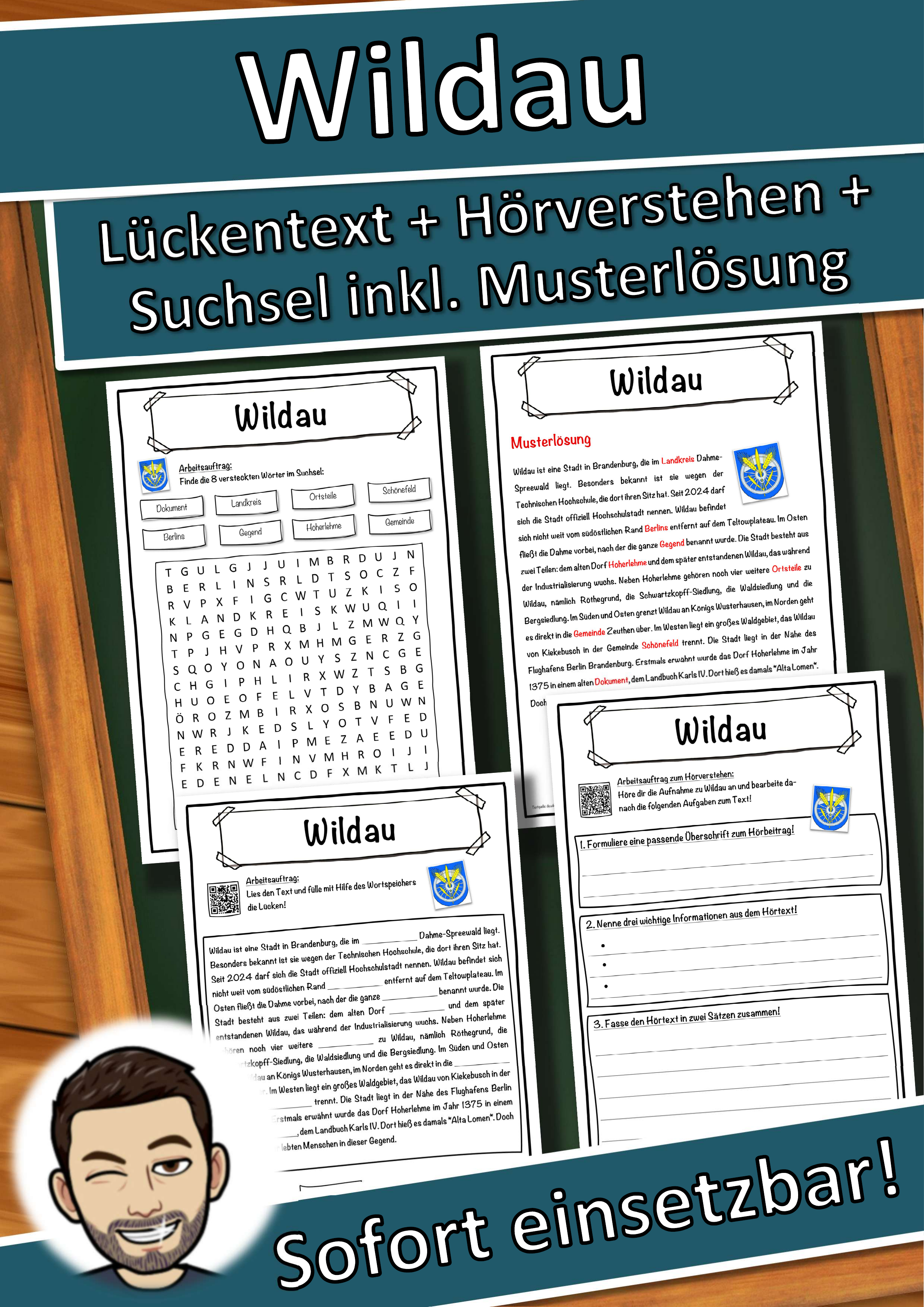 Wildau Lückentext mit Wortspeicher Hörverstehen und Suchsel