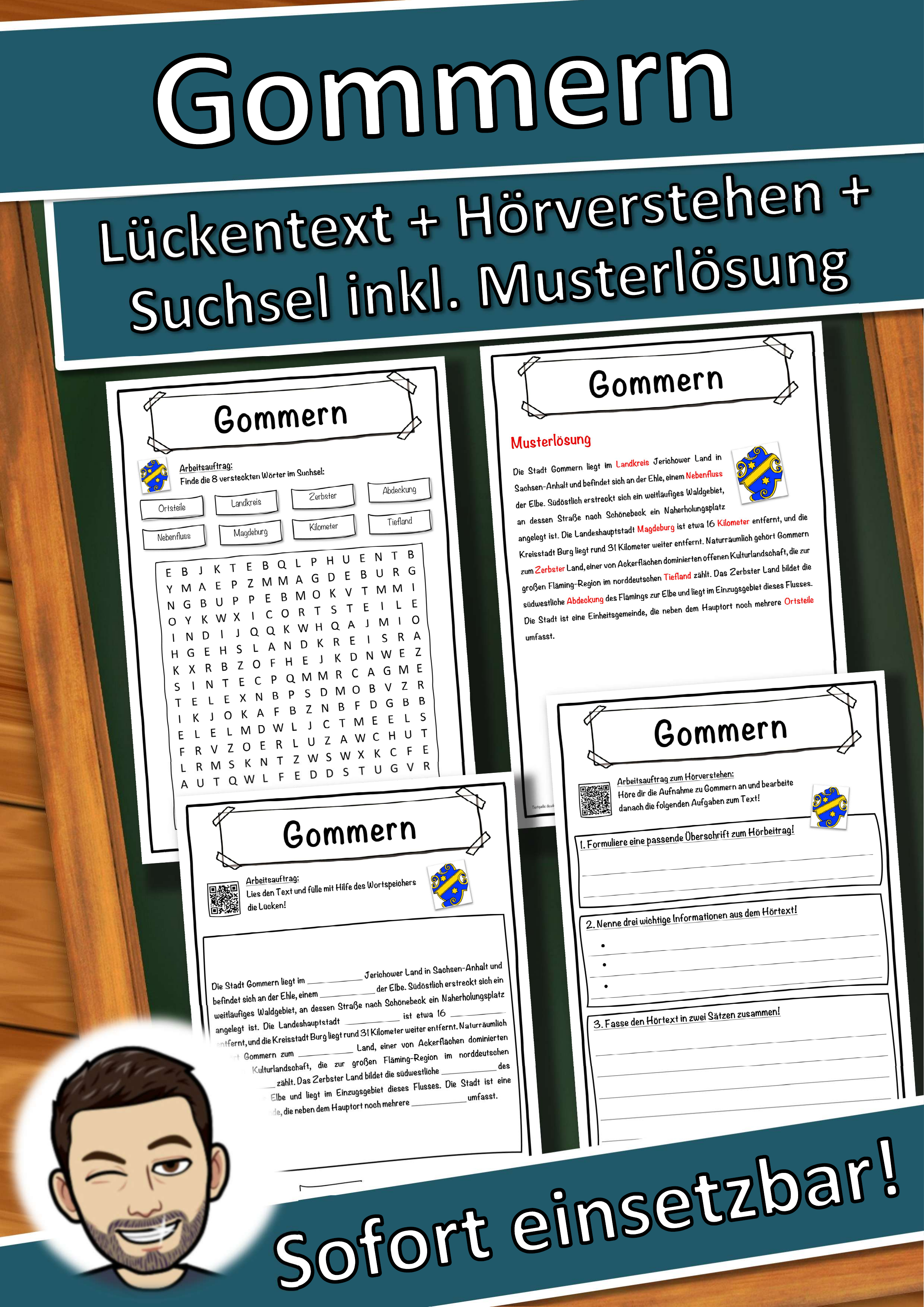 Gommern Lückentext mit Wortspeicher Hörverstehen und Suchsel
