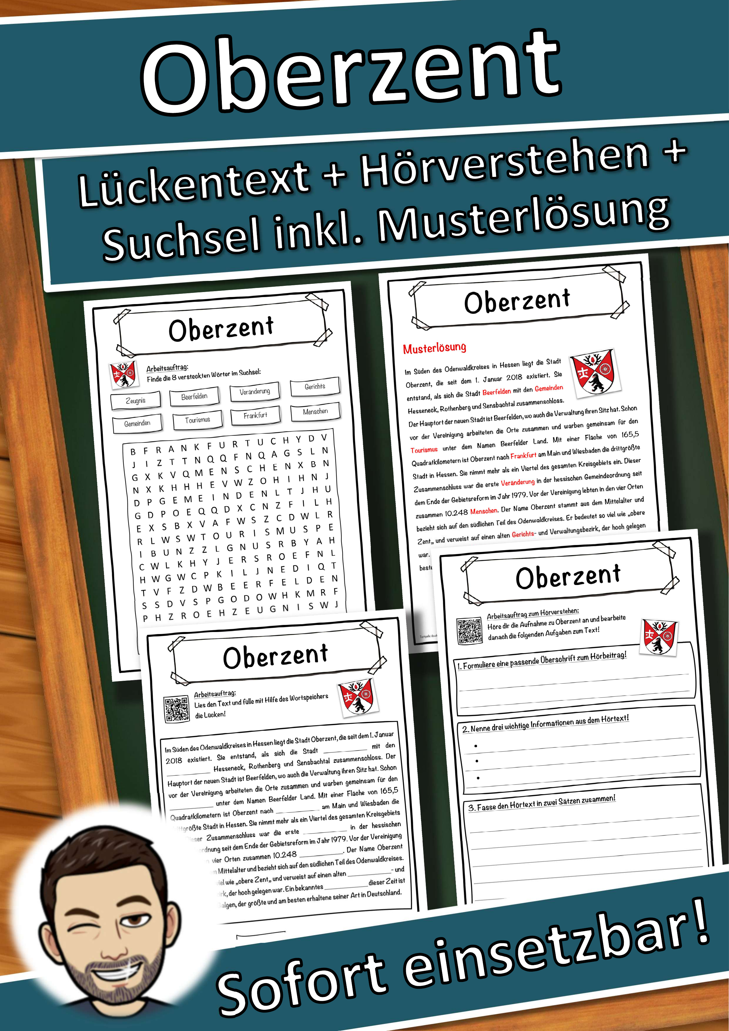 Oberzent Lückentext mit Wortspeicher Hörverstehen und Suchsel