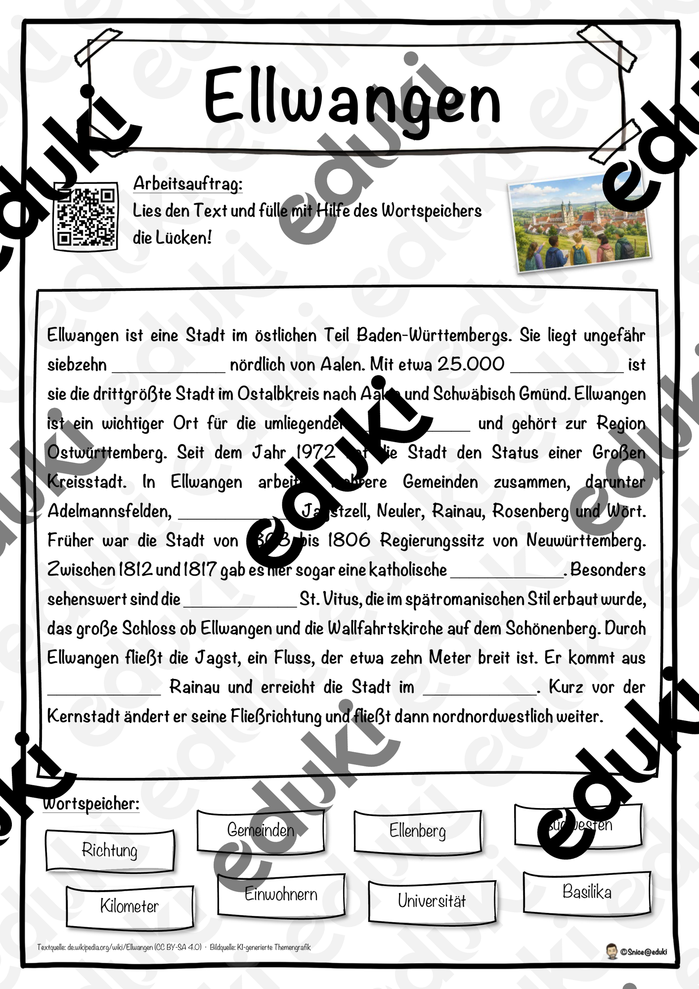 Ellwangen Lückentext mit Wortspeicher Hörverstehen und Suchsel
