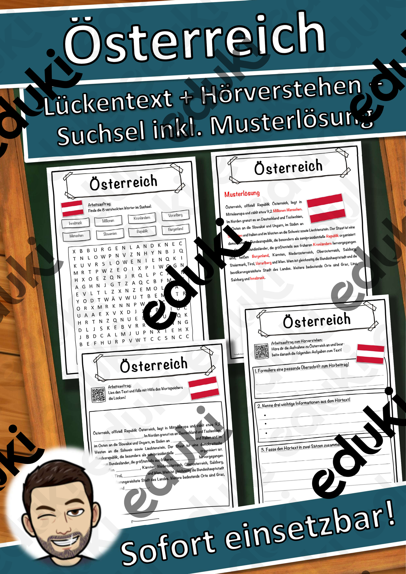Österreich Lückentext mit Wortspeicher Hörverstehen und Suchsel
