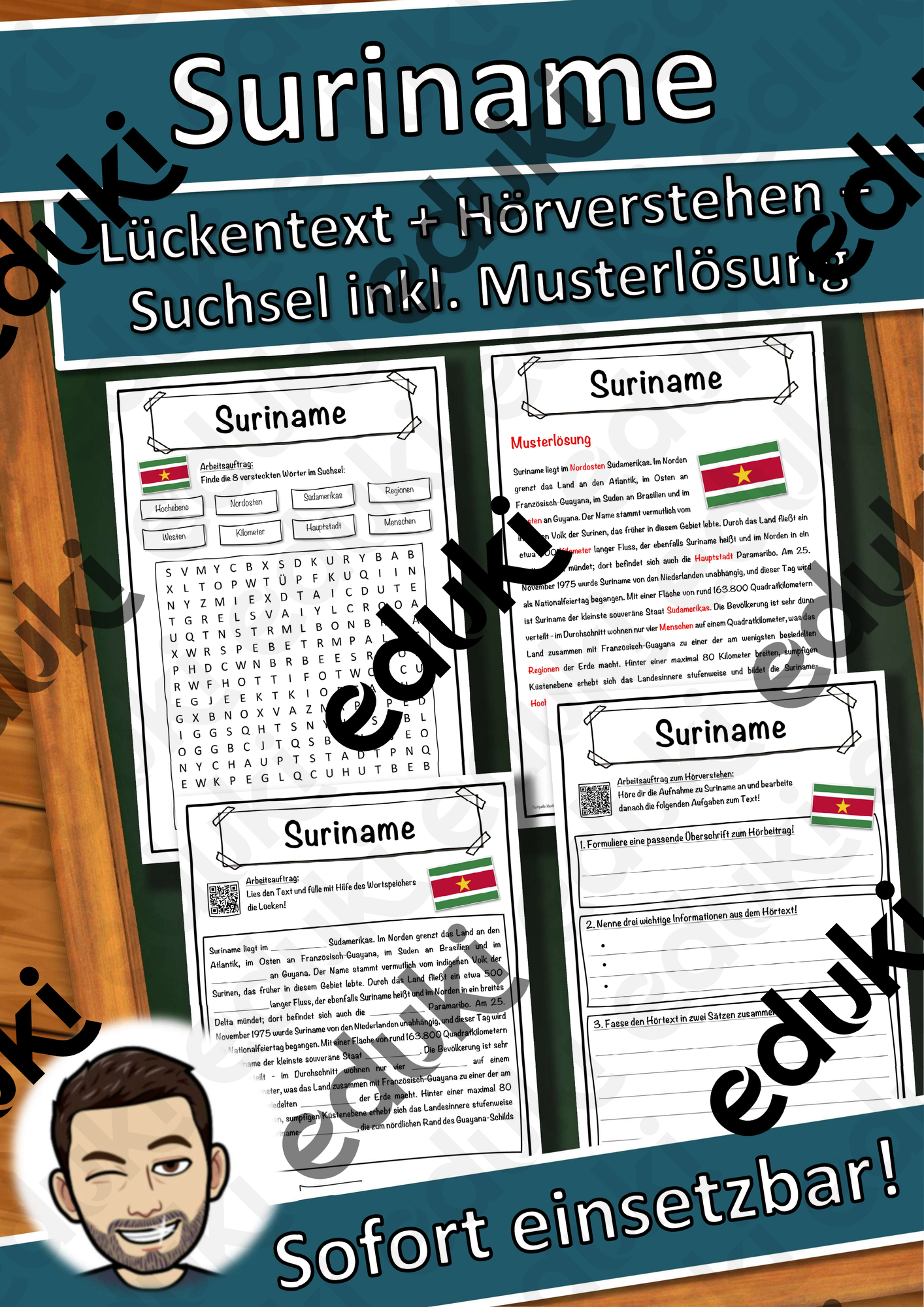 Suriname Lückentext mit Wortspeicher Hörverstehen und Suchsel