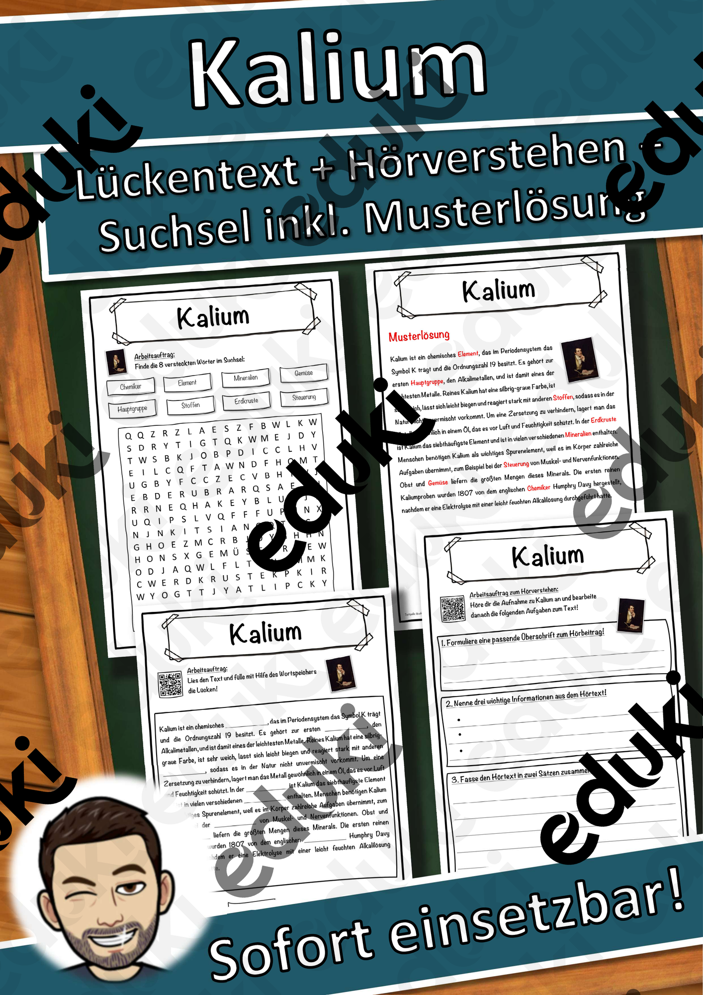 Kalium Lückentext mit Wortspeicher Hörverstehen und Suchsel