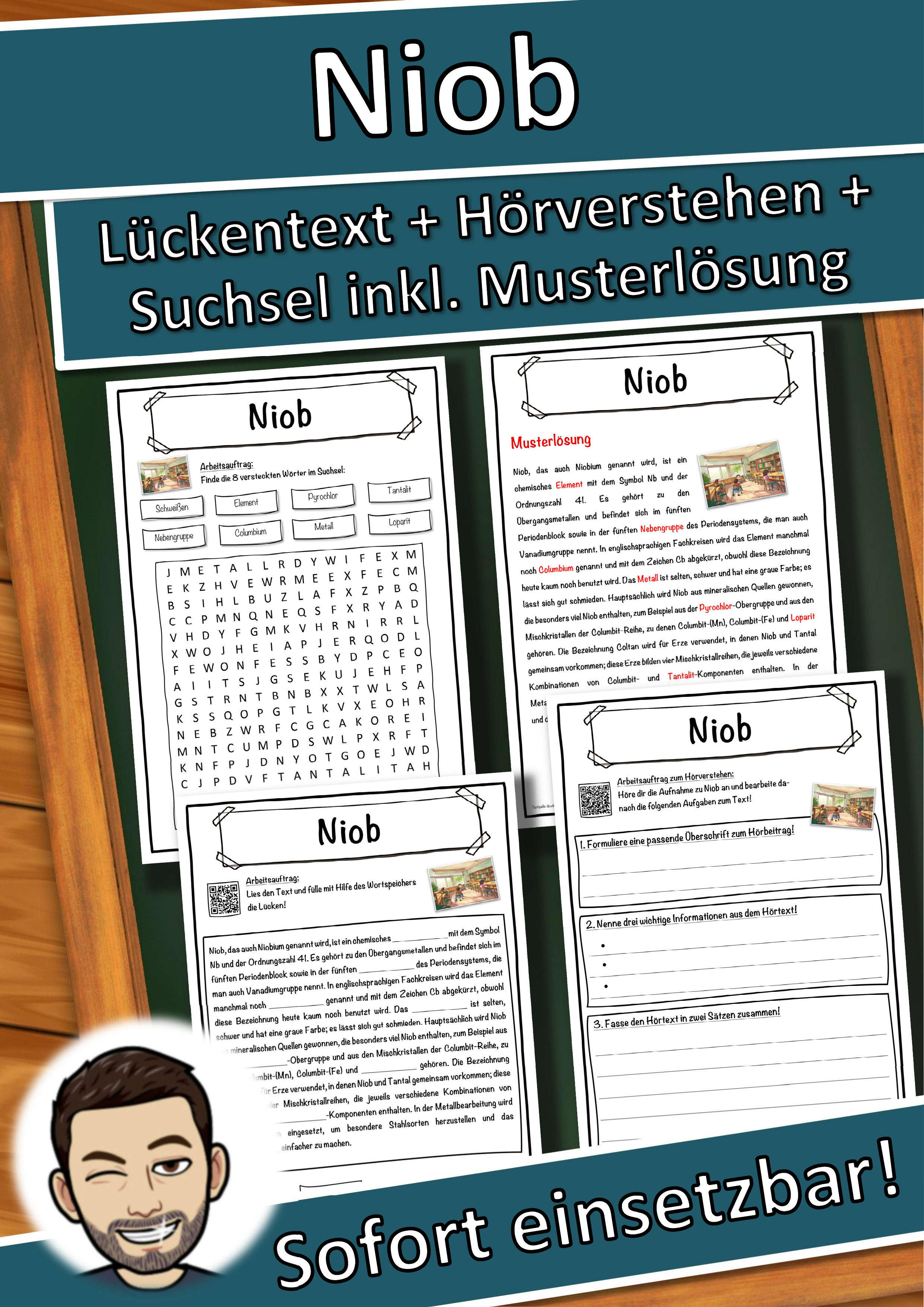 Niob Lückentext mit Wortspeicher Hörverstehen und Suchsel