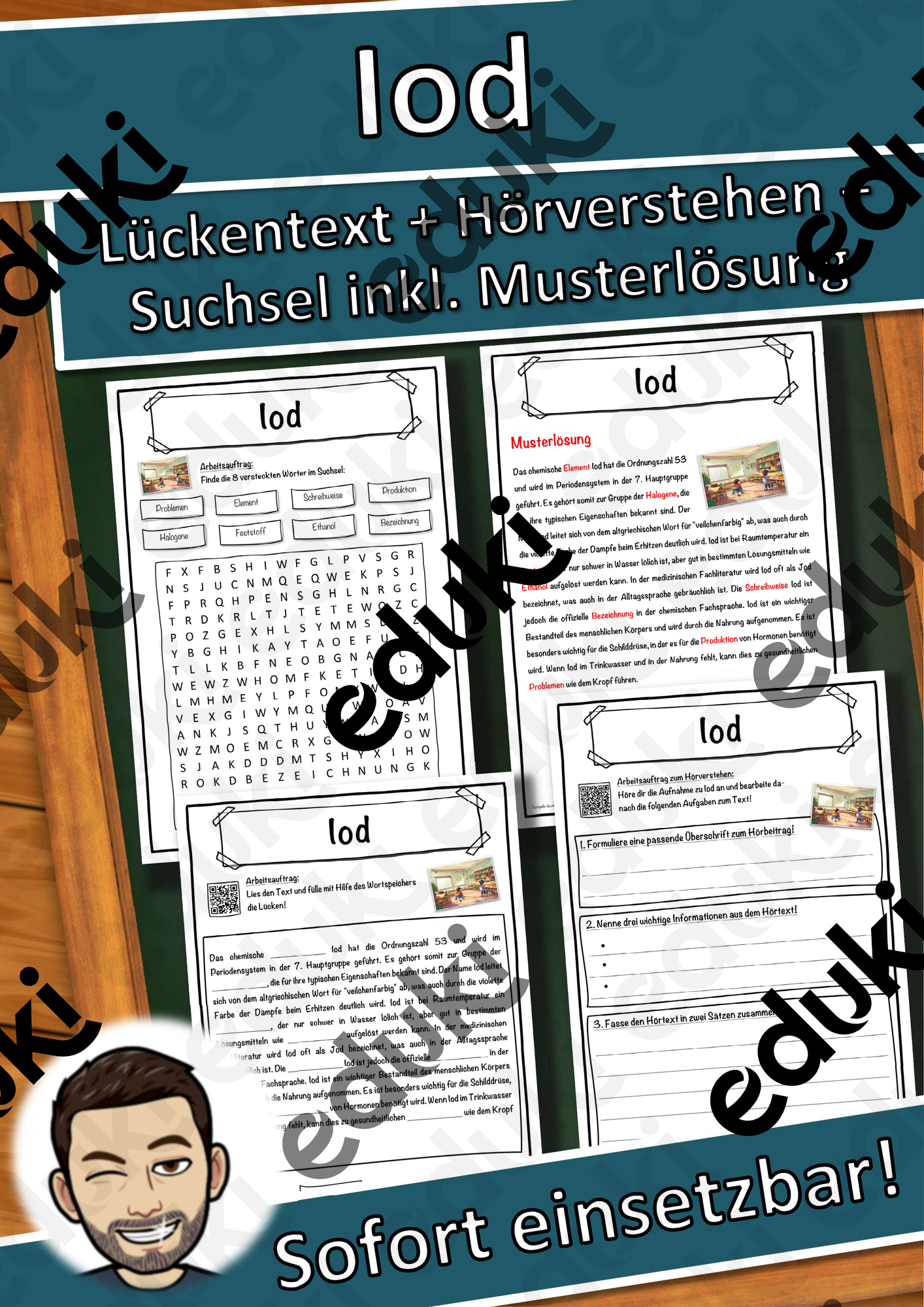 Iod Lückentext mit Wortspeicher Hörverstehen und Suchsel