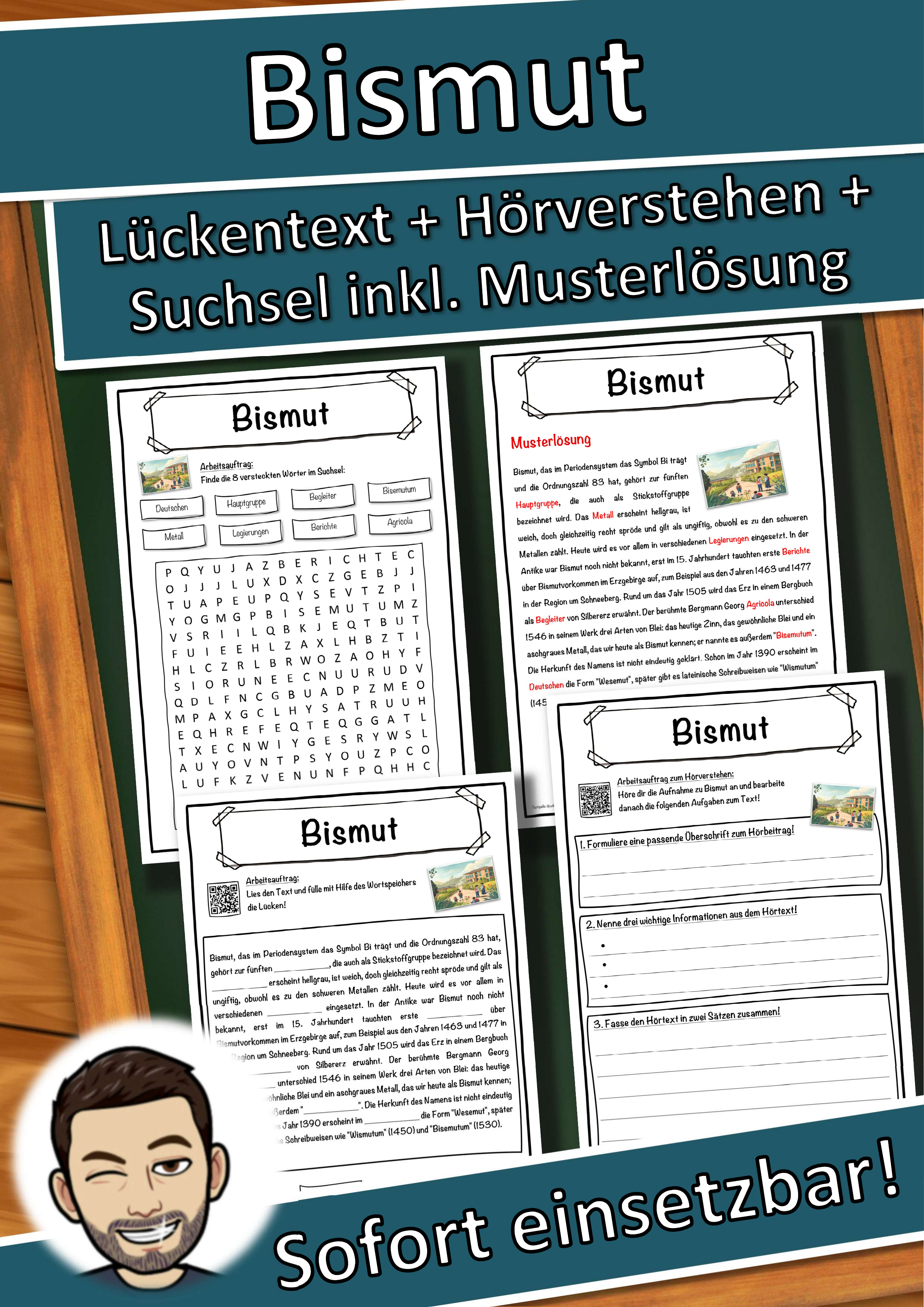 Bismut Lückentext mit Wortspeicher Hörverstehen und Suchsel