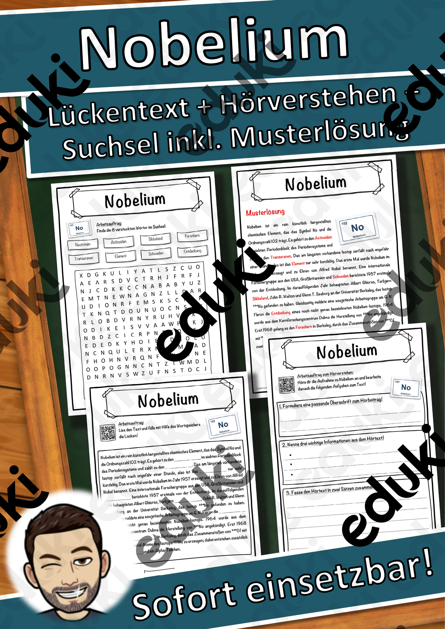 Nobelium Lückentext mit Wortspeicher Hörverstehen und Suchsel