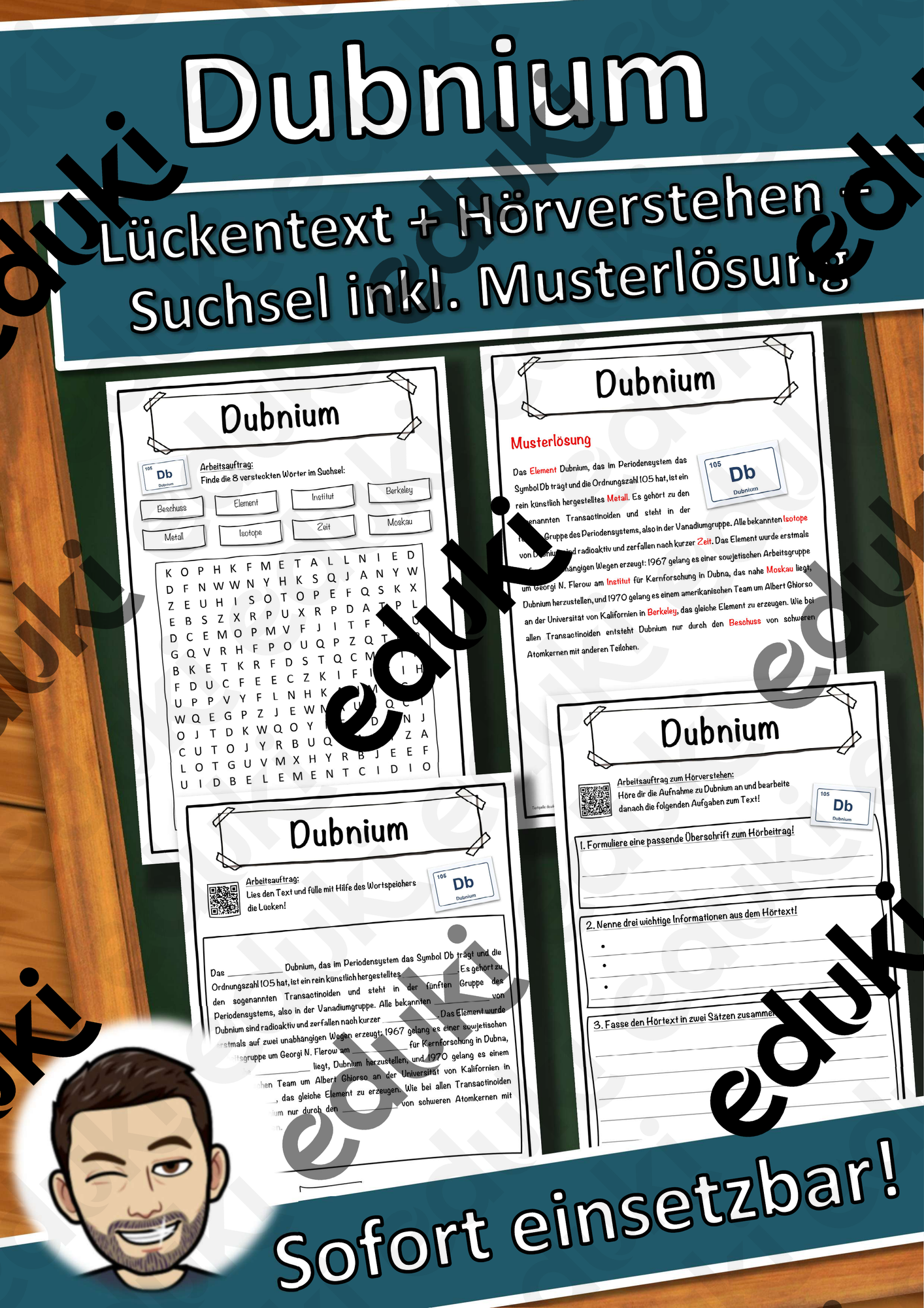 Dubnium Lückentext mit Wortspeicher Hörverstehen und Suchsel