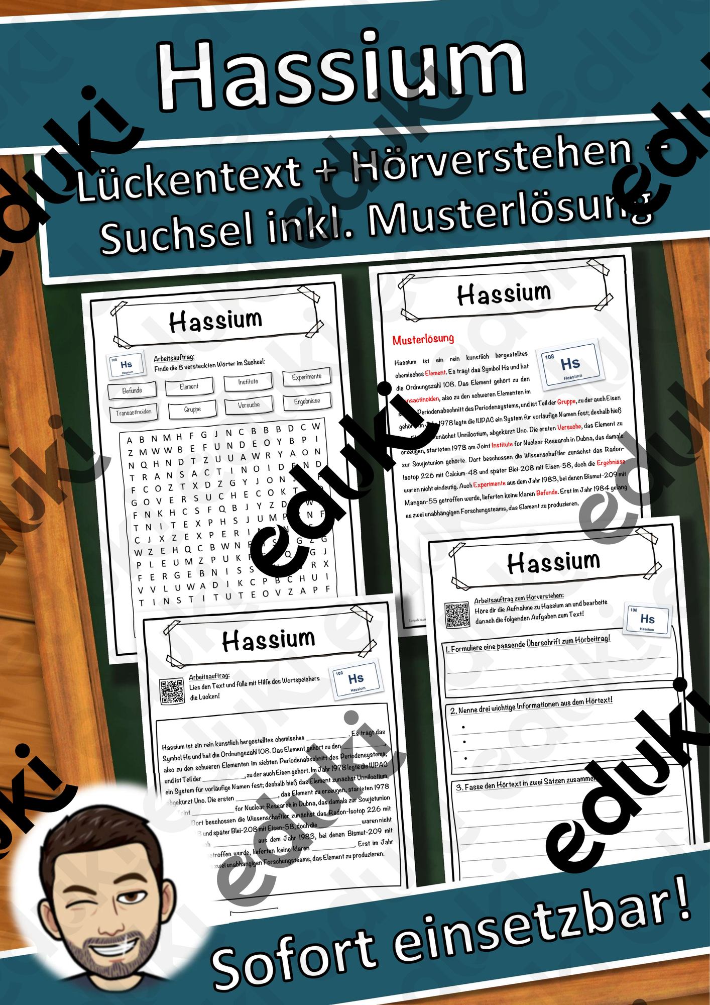 Hassium Lückentext mit Wortspeicher Hörverstehen und Suchsel