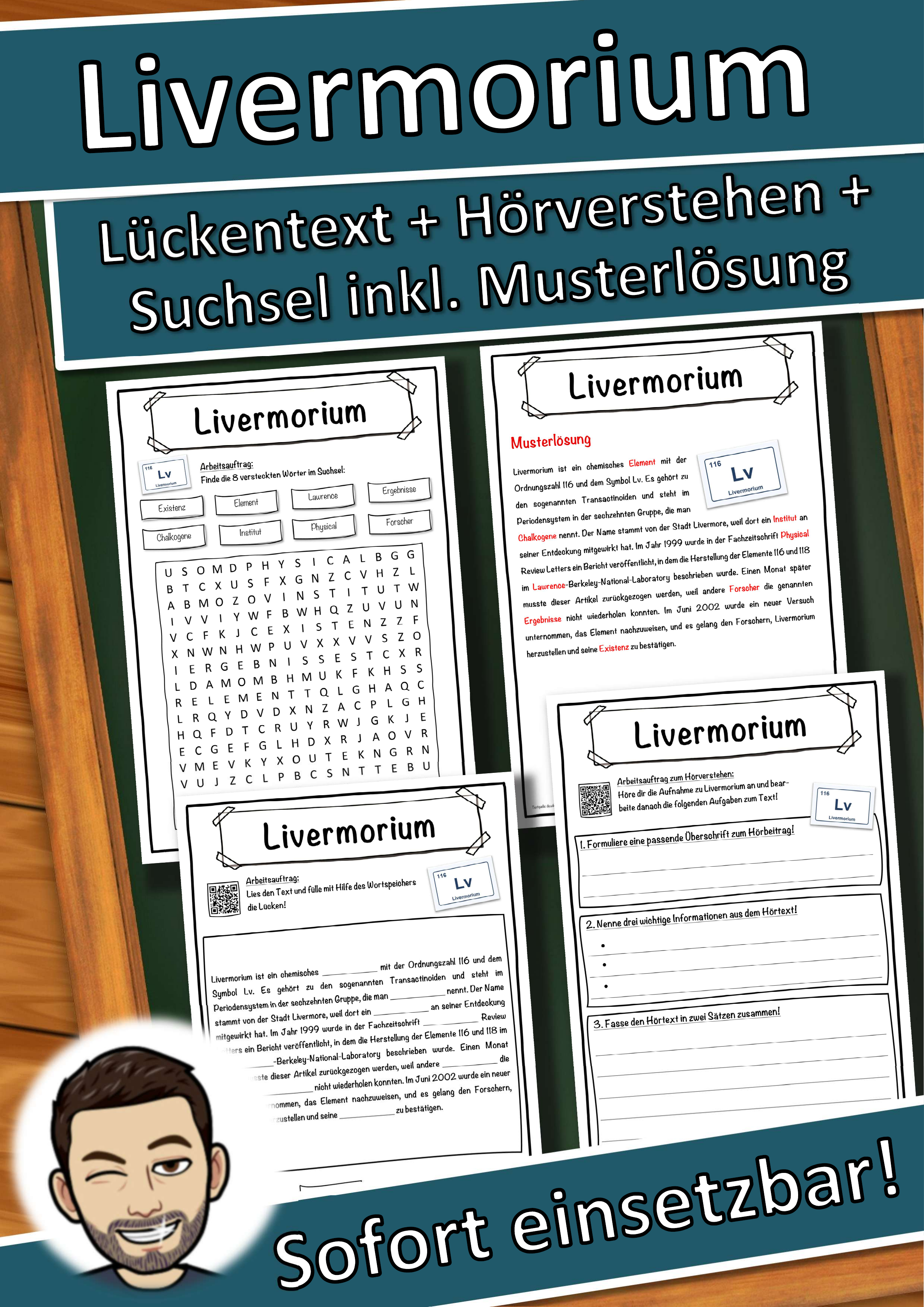 Livermorium Lückentext mit Wortspeicher Hörverstehen und Suchsel
