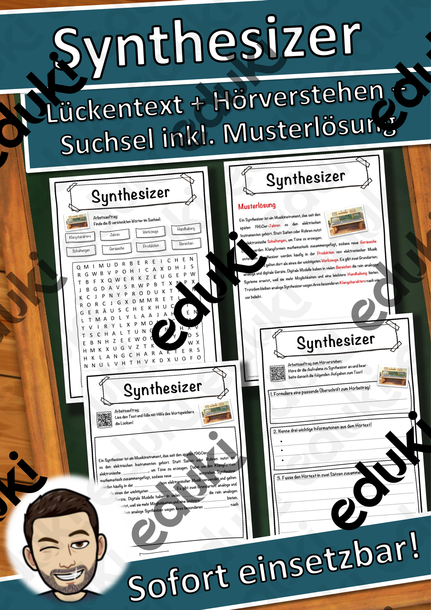Synthesizer Lückentext mit Wortspeicher Hörverstehen und Suchsel