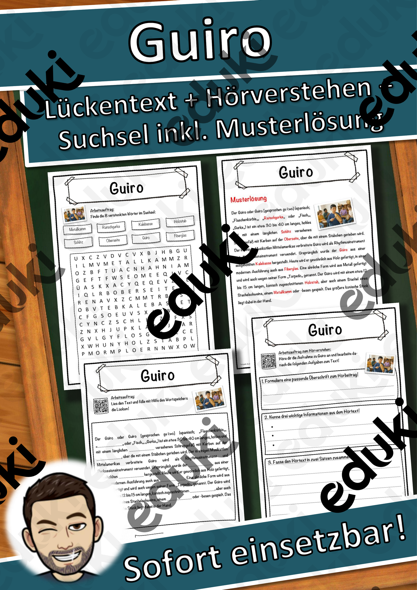 Guiro Lückentext mit Wortspeicher Hörverstehen und Suchsel
