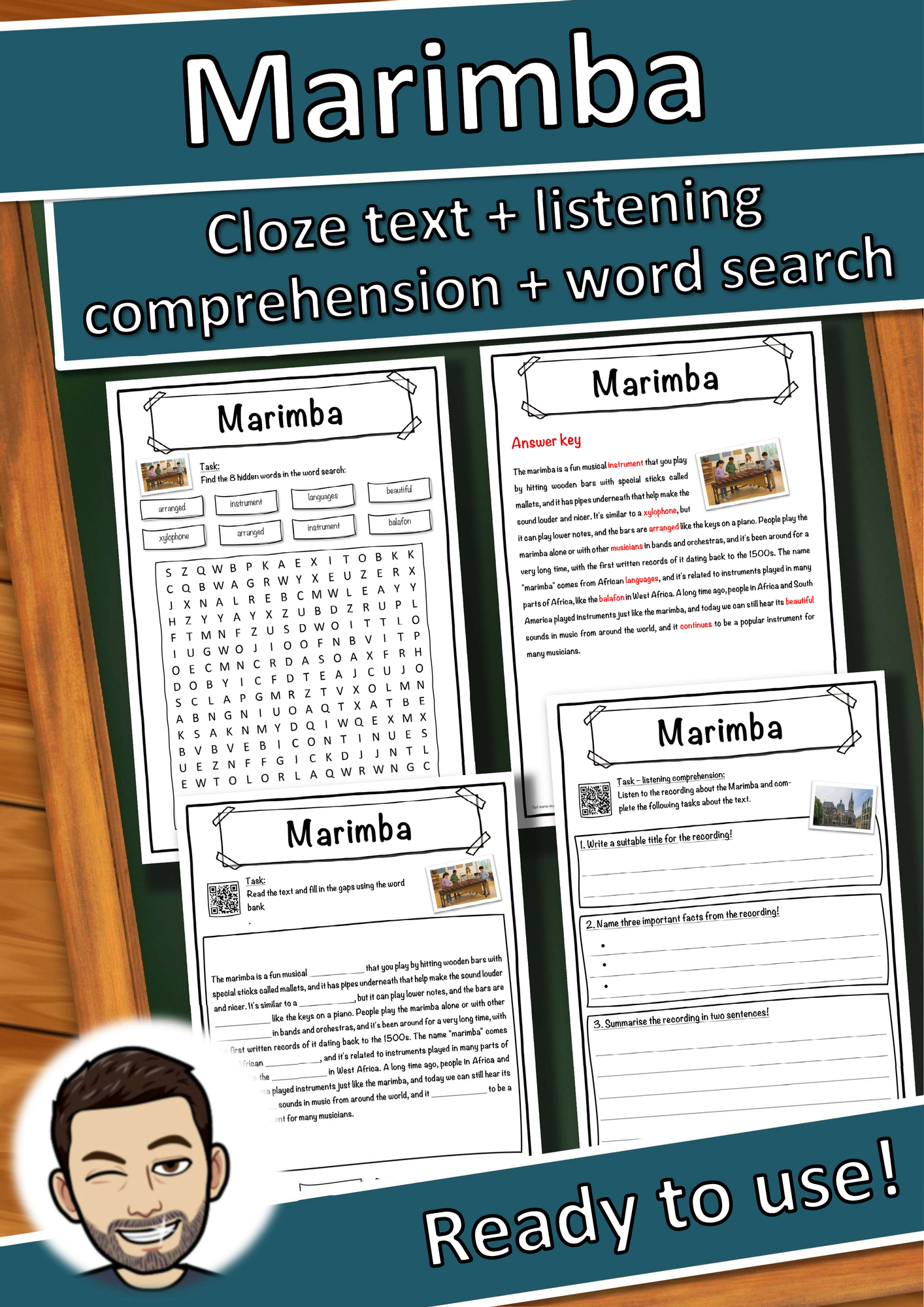 Marimba Music worksheet: cloze text, listening comprehension and word search - English
