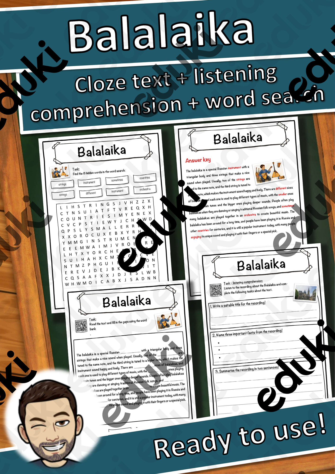 Balalaika Music worksheet: cloze text, listening comprehension and word search - English