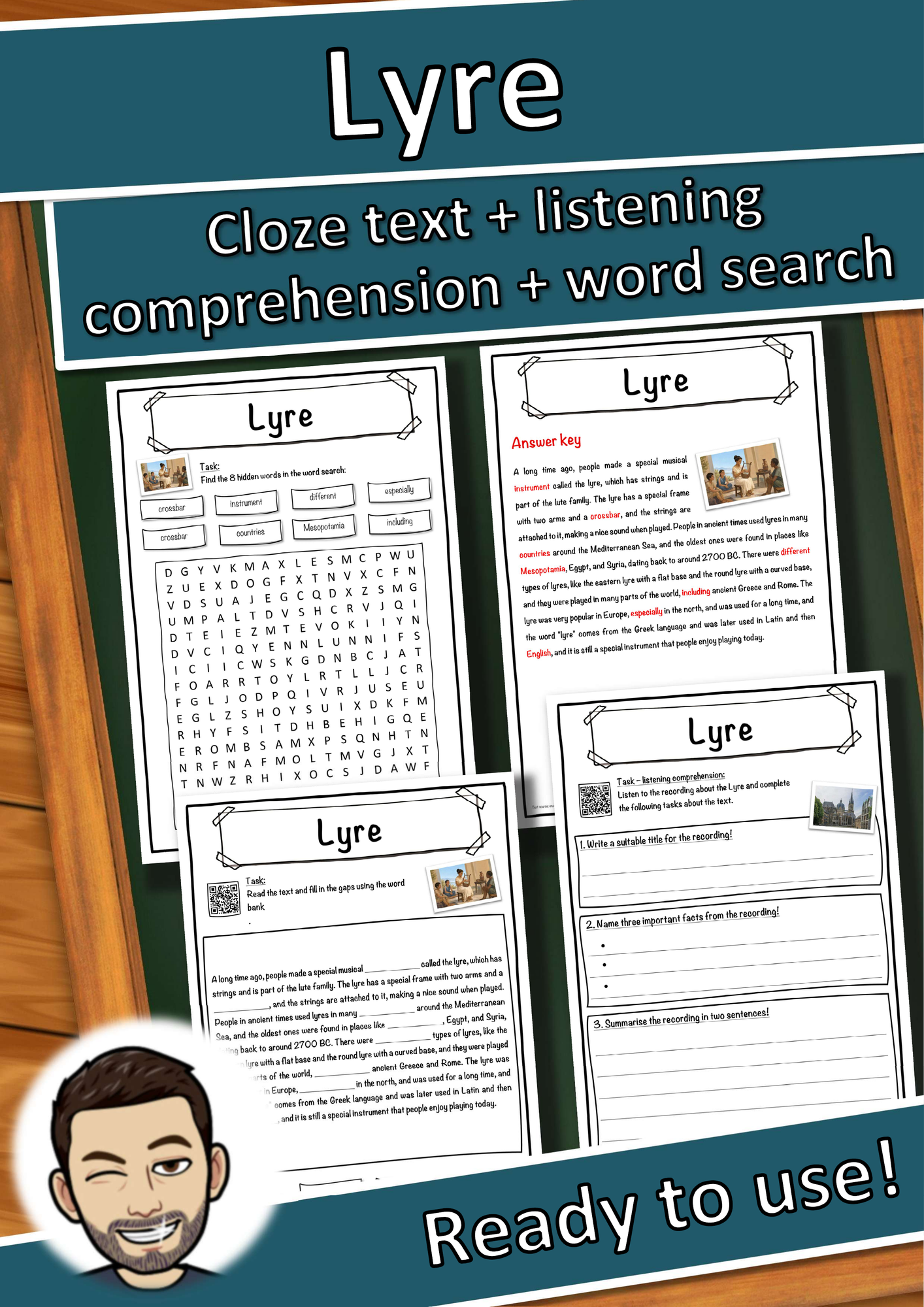 Lyre Music worksheet: cloze text, listening comprehension and word search - English
