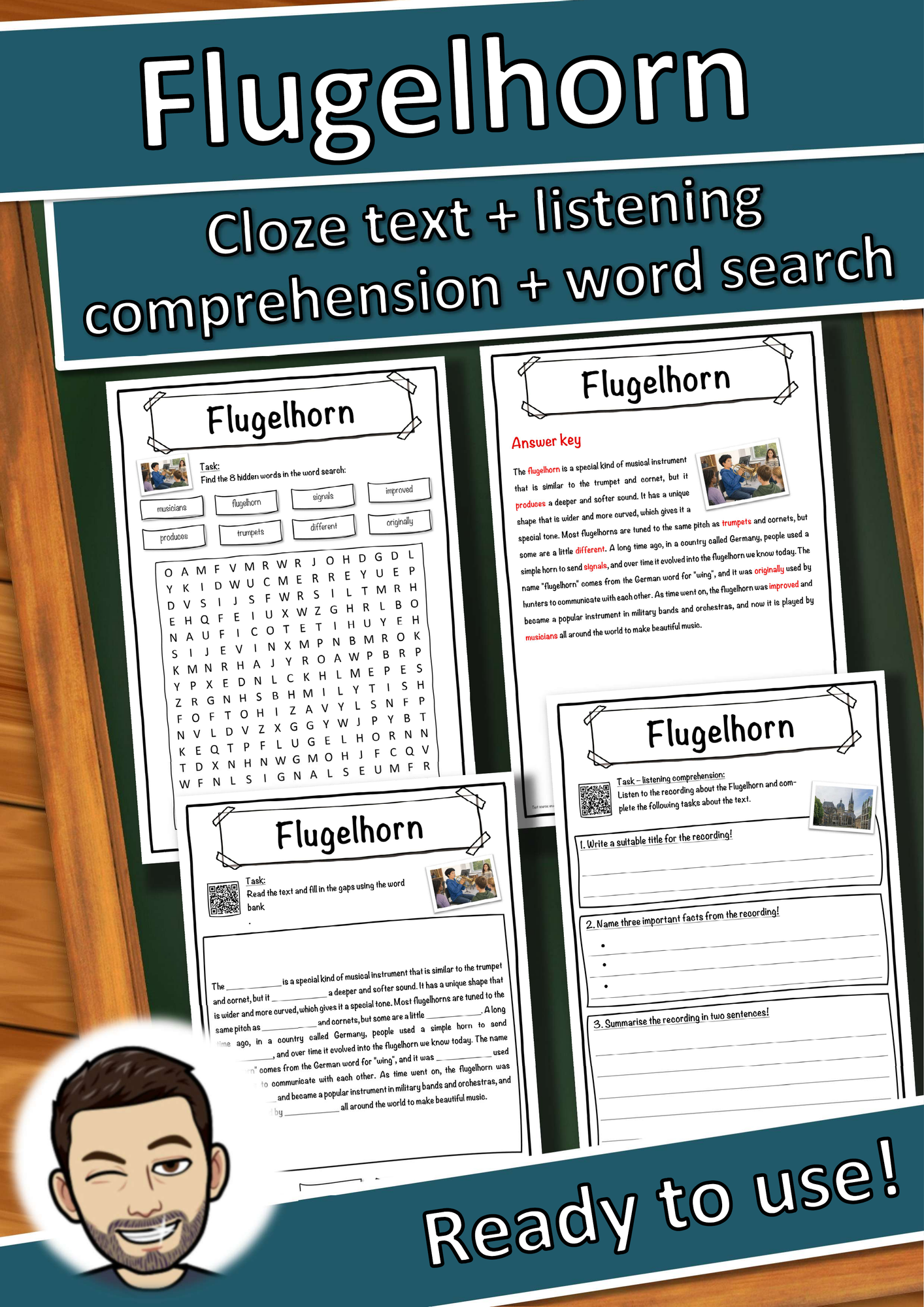 Flugelhorn Music worksheet: cloze text, listening comprehension and word search - English