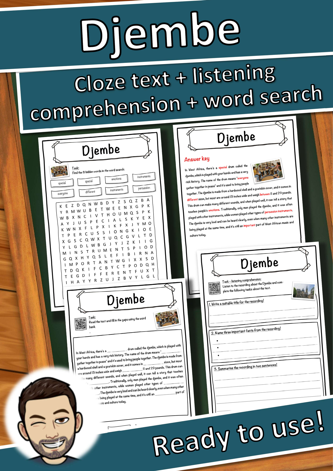 Djembe Music worksheet: cloze text, listening comprehension and word search - English