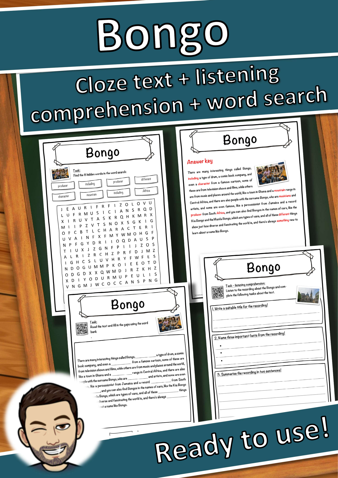 Bongo Music worksheet: cloze text, listening comprehension and word search - English