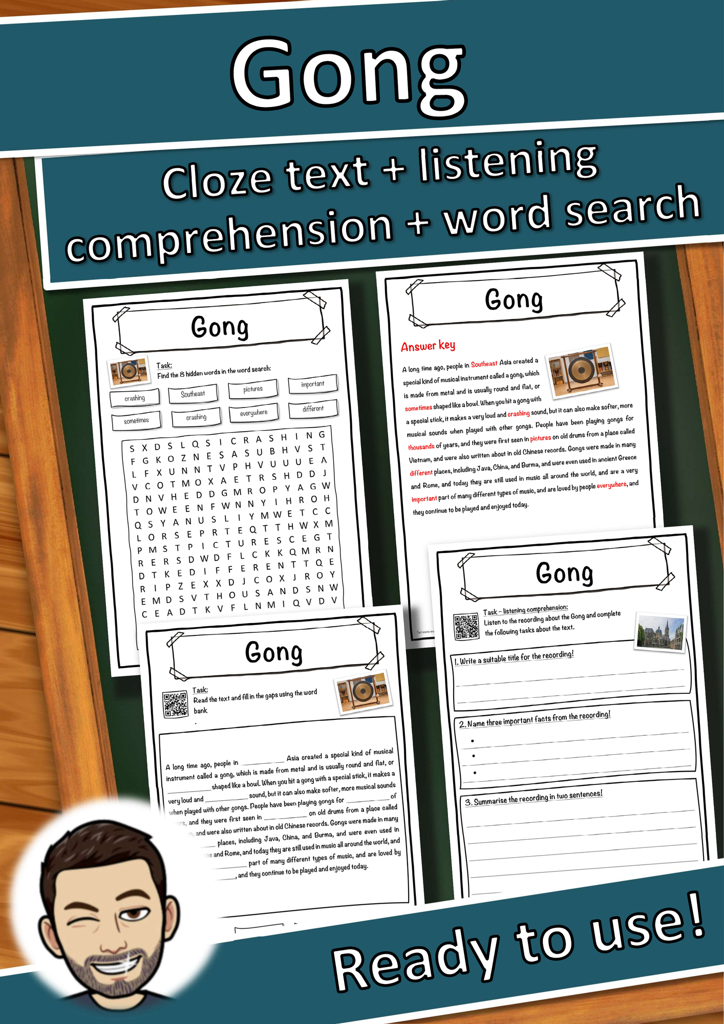 Gong Music worksheet: cloze text, listening comprehension and word search - English