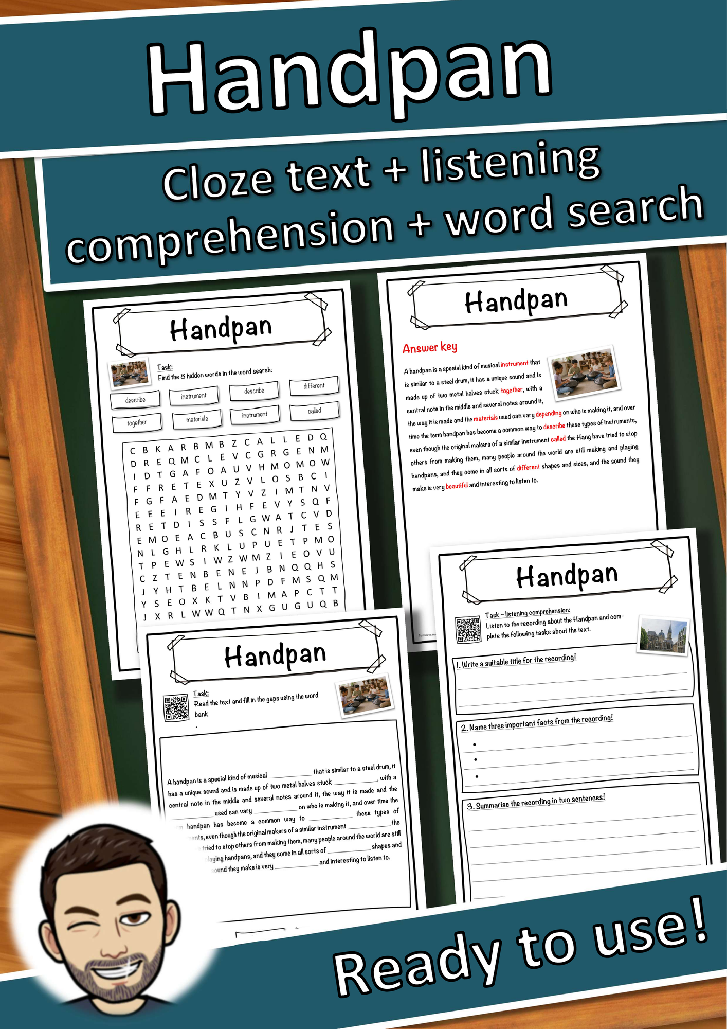 Handpan Music worksheet: cloze text, listening comprehension and word search - English