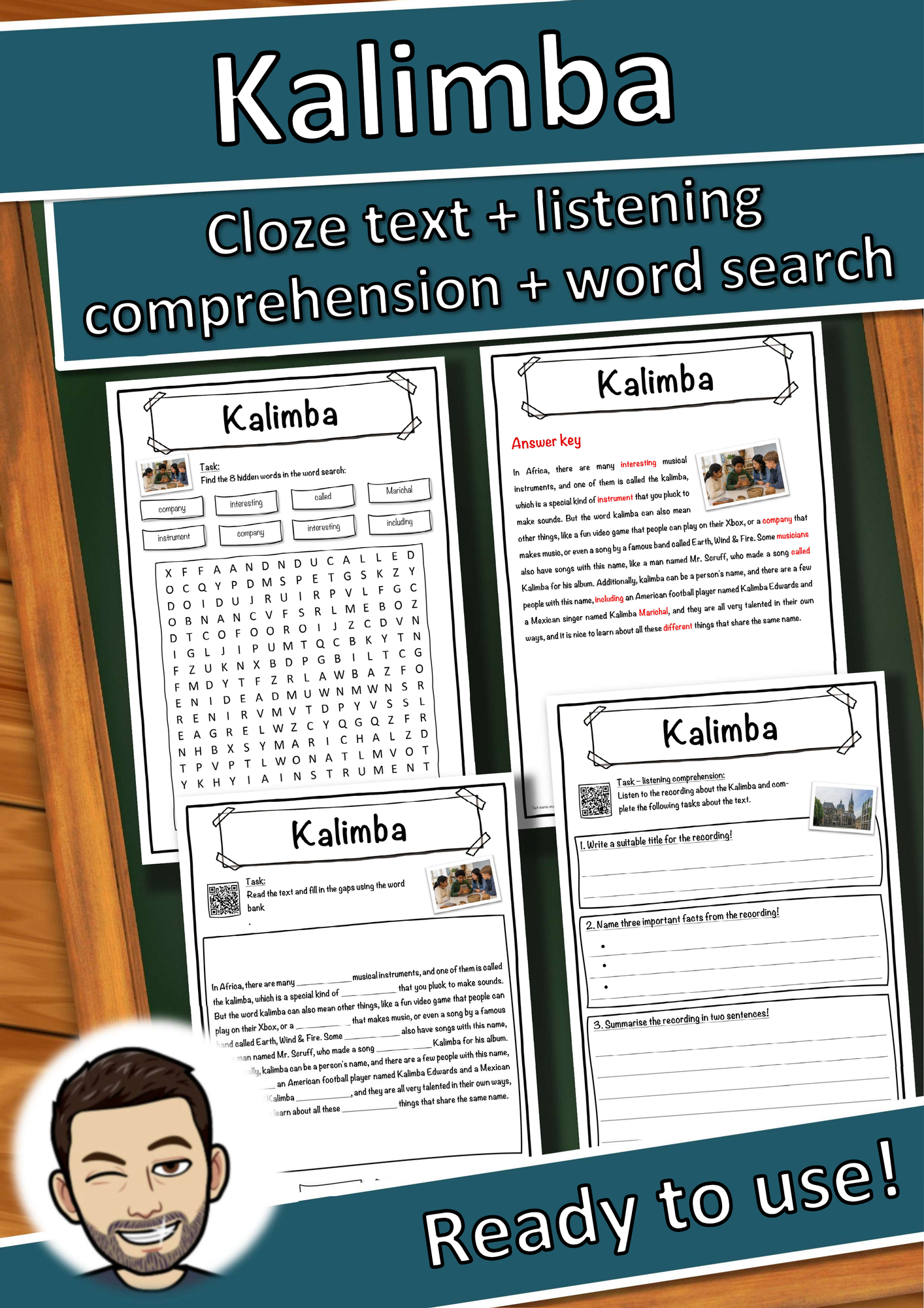 Kalimba Music worksheet: cloze text, listening comprehension and word search - English