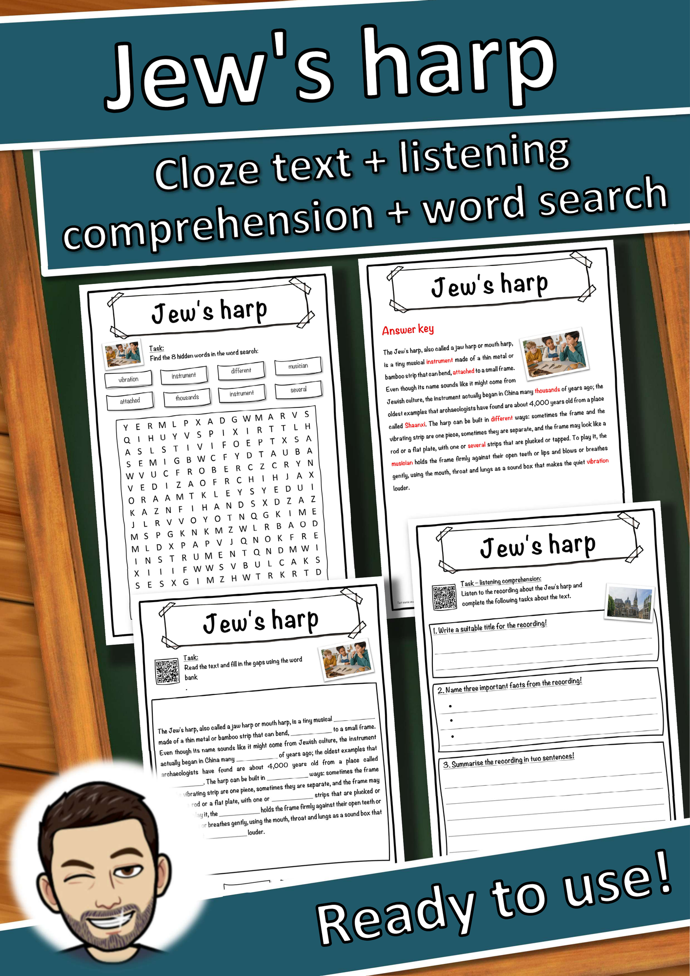 Jew's harp Music worksheet: cloze text, listening comprehension and word search - English