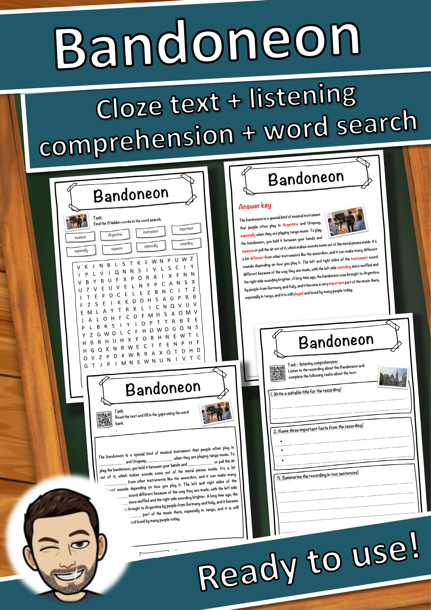 Bandoneon Music worksheet: cloze text, listening comprehension and word search - English