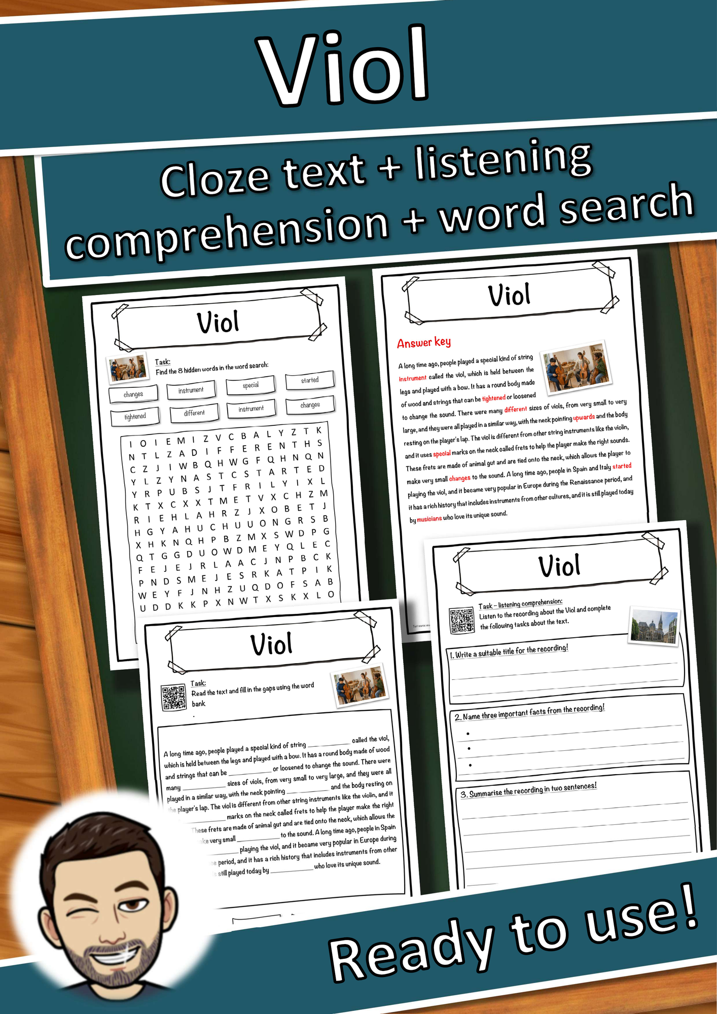 Viol Music worksheet: cloze text, listening comprehension and word search - English