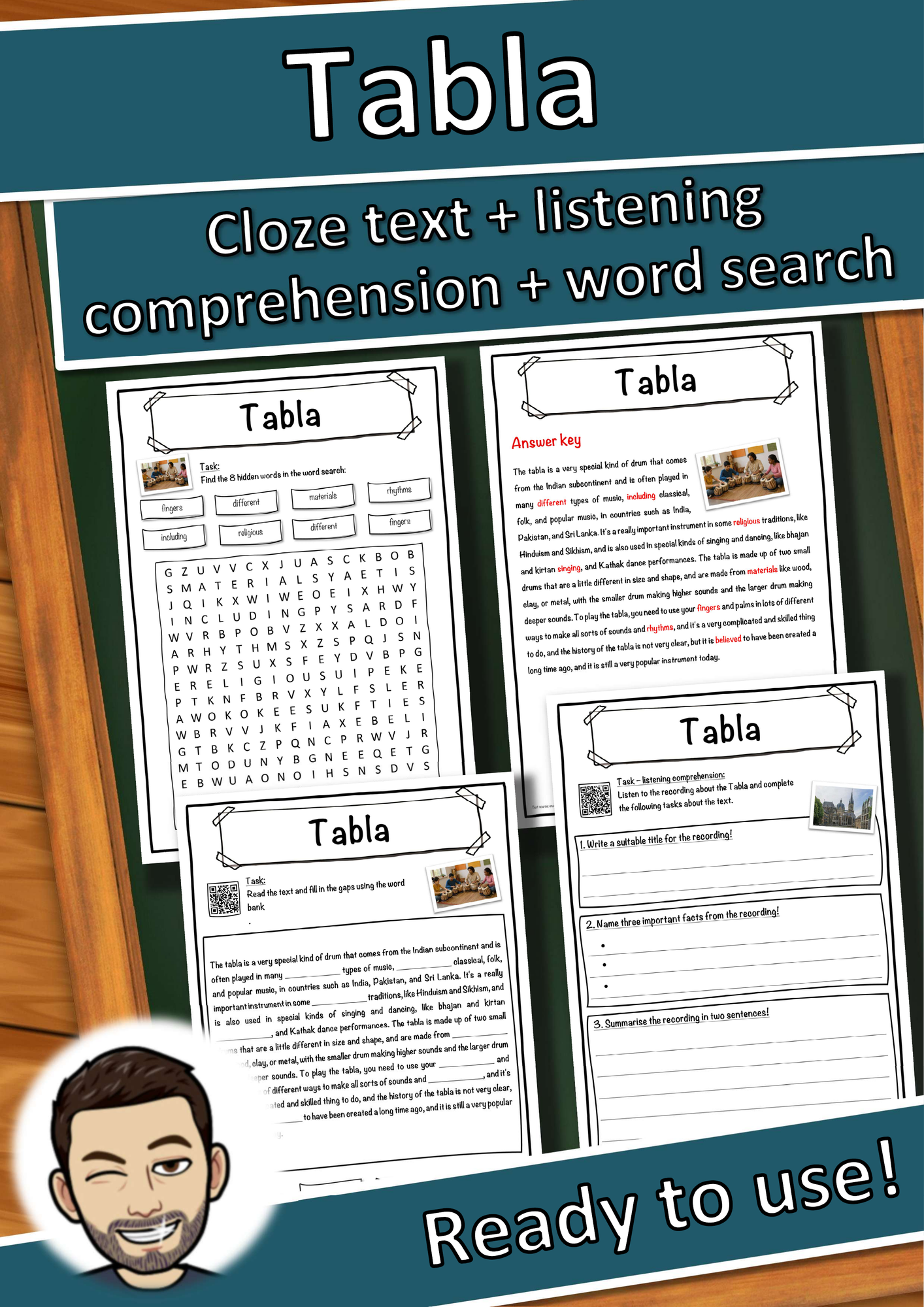 Tabla Music worksheet: cloze text, listening comprehension and word search - English
