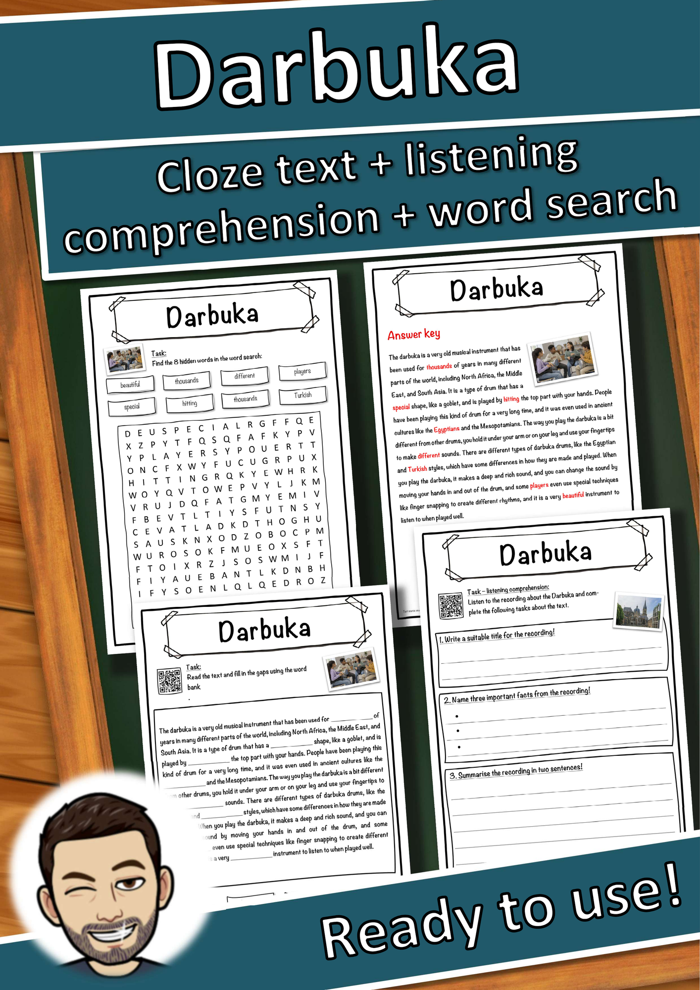 Darbuka Music worksheet: cloze text, listening comprehension and word search - English