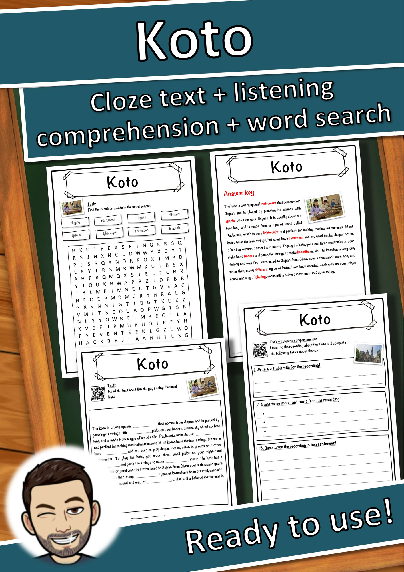 Koto Music worksheet: cloze text, listening comprehension and word search - English