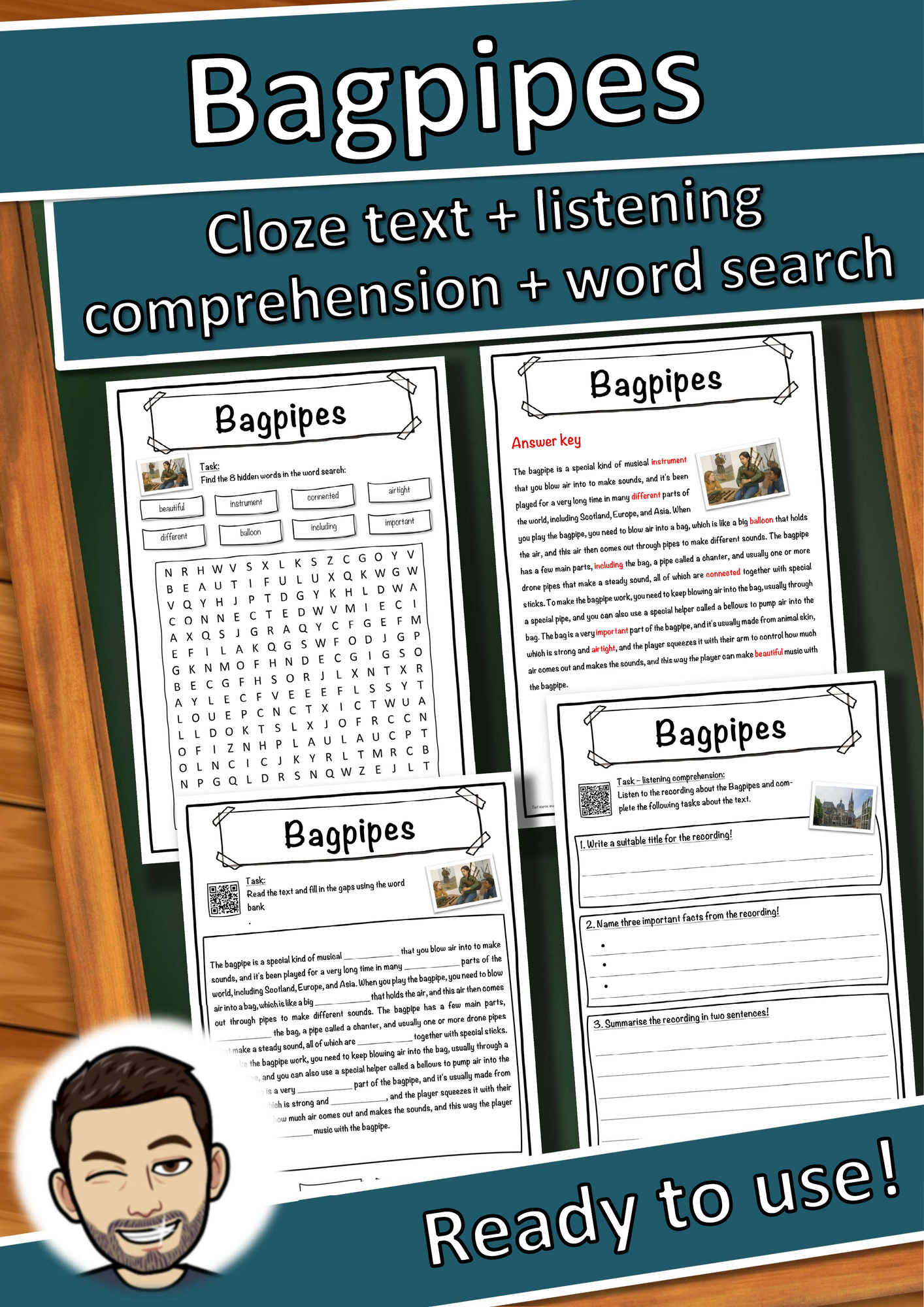 Bagpipes Music worksheet: cloze text, listening comprehension and word search - English