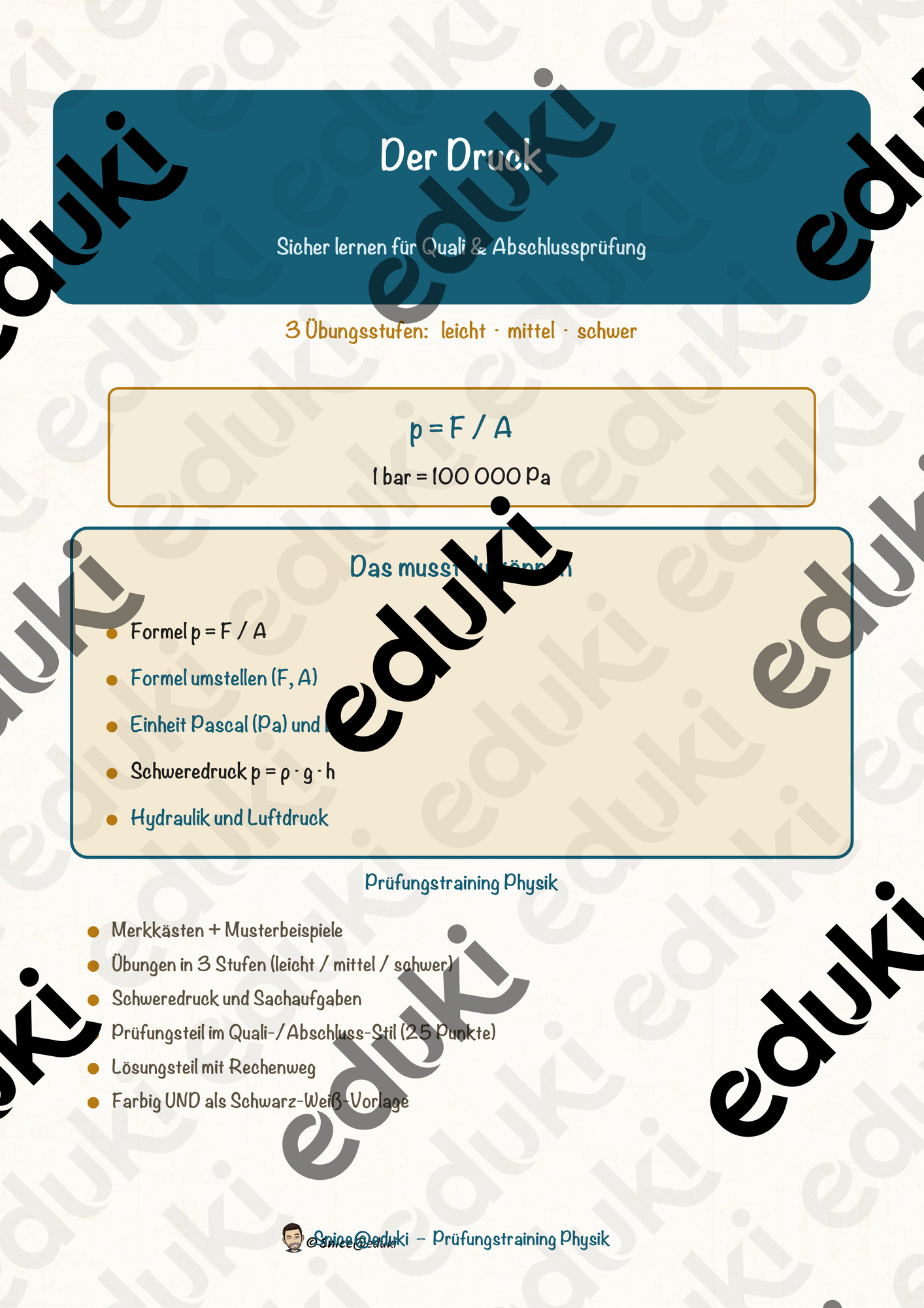 Der Druck – Prüfungstraining Physik (Klasse 8)