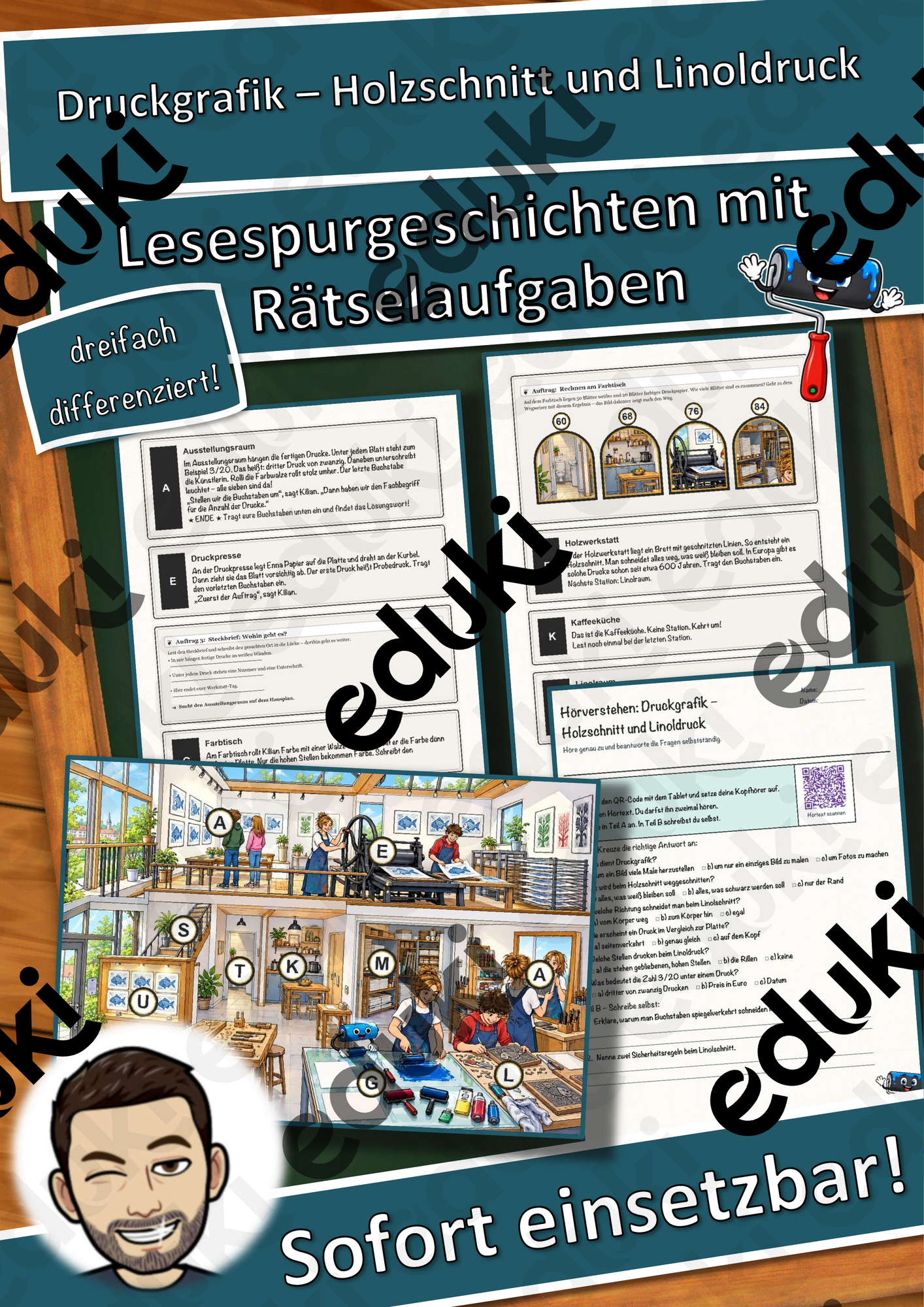 Druckgrafik – Holzschnitt und Linoldruck – Lesespurgeschichte mit Rätselaufgaben (Klasse 7)
