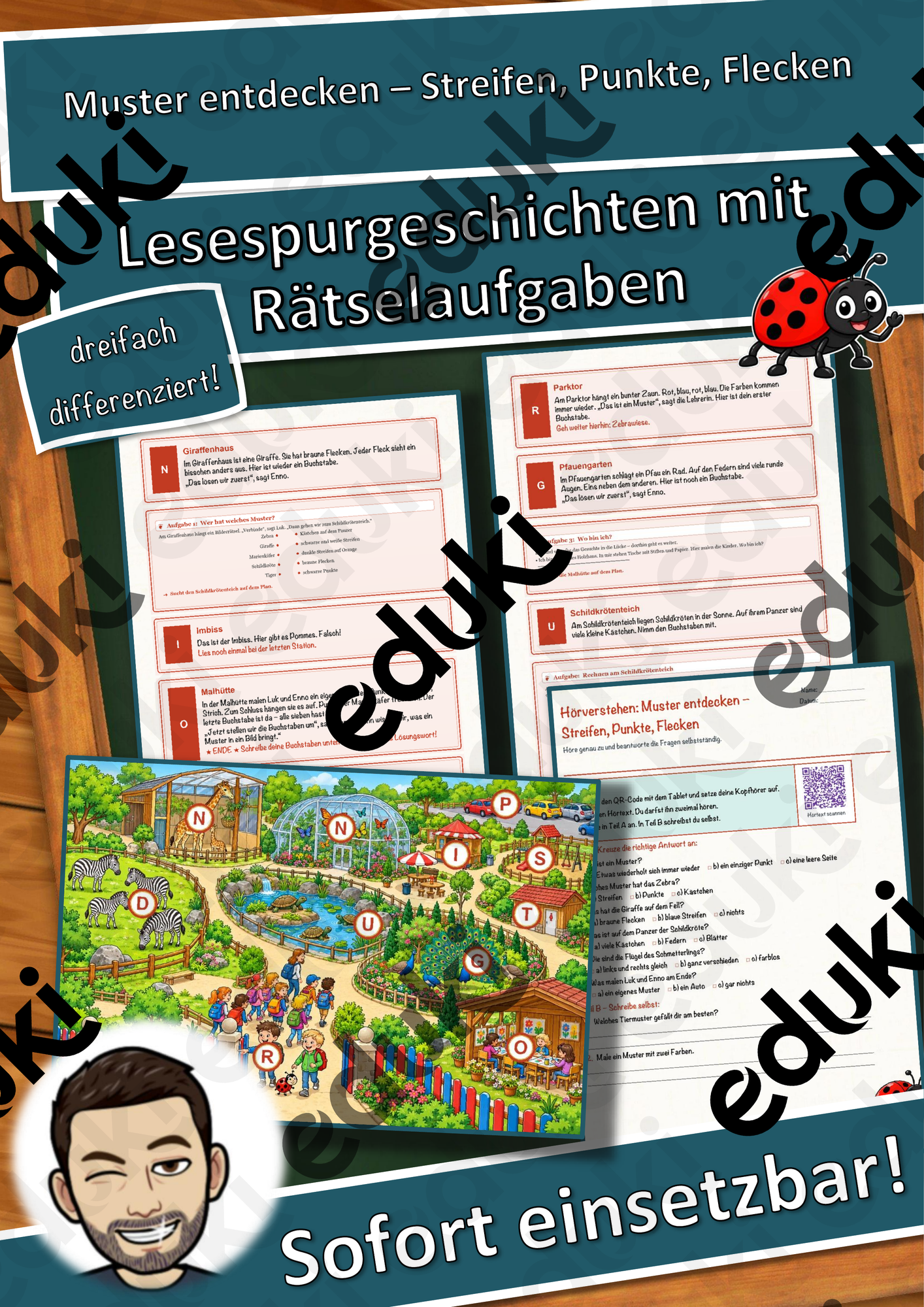 Muster entdecken – Streifen, Punkte, Flecken – Lesespurgeschichte mit Rätselaufgaben (Klasse 1)