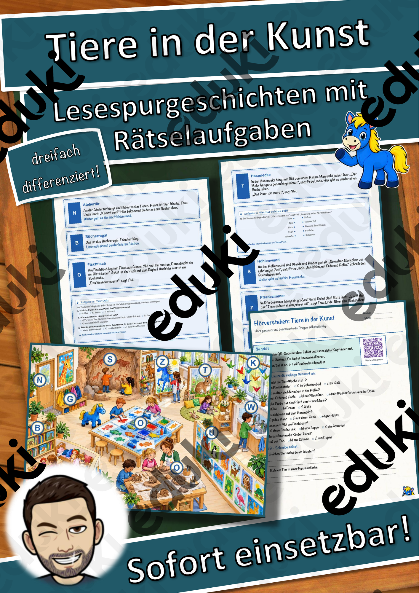 Tiere in der Kunst – Lesespurgeschichte mit Rätselaufgaben (Klasse 1)