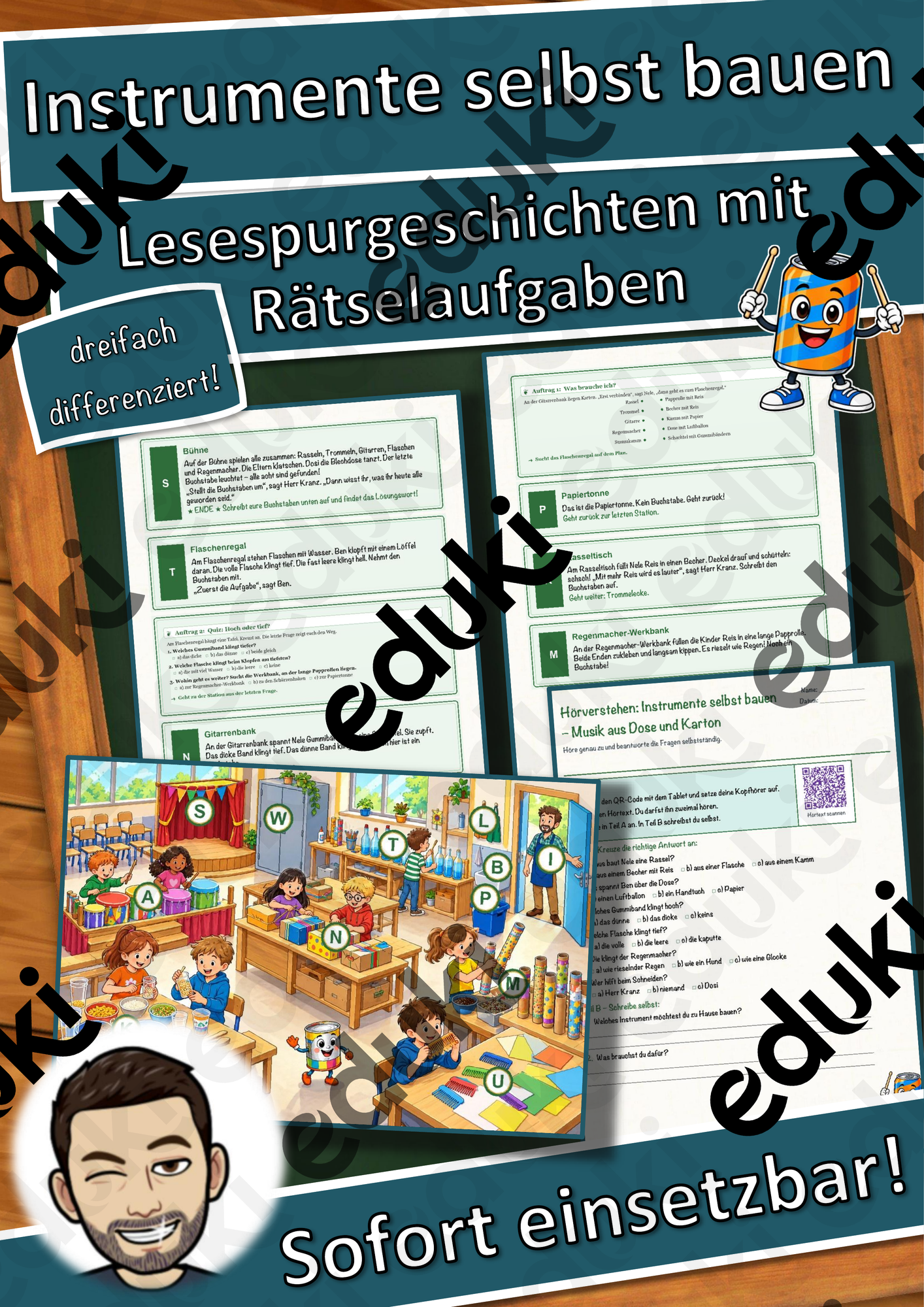 Instrumente selbst bauen – Musik aus Dose und Karton – Lesespurgeschichte mit Rätselaufgaben (Klasse 1)