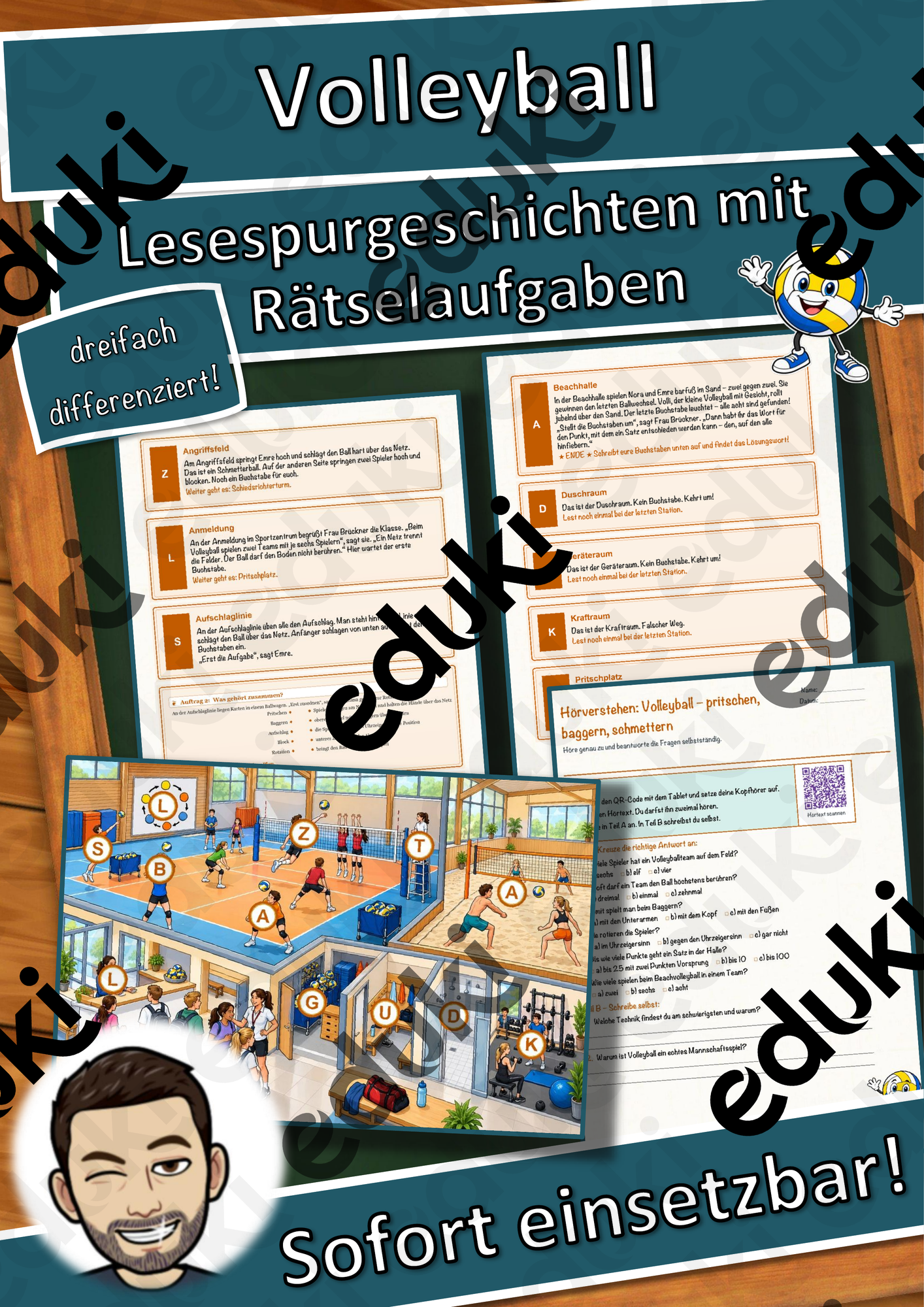 Volleyball – pritschen, baggern, schmettern – Lesespurgeschichte mit Rätselaufgaben (Klasse 8)