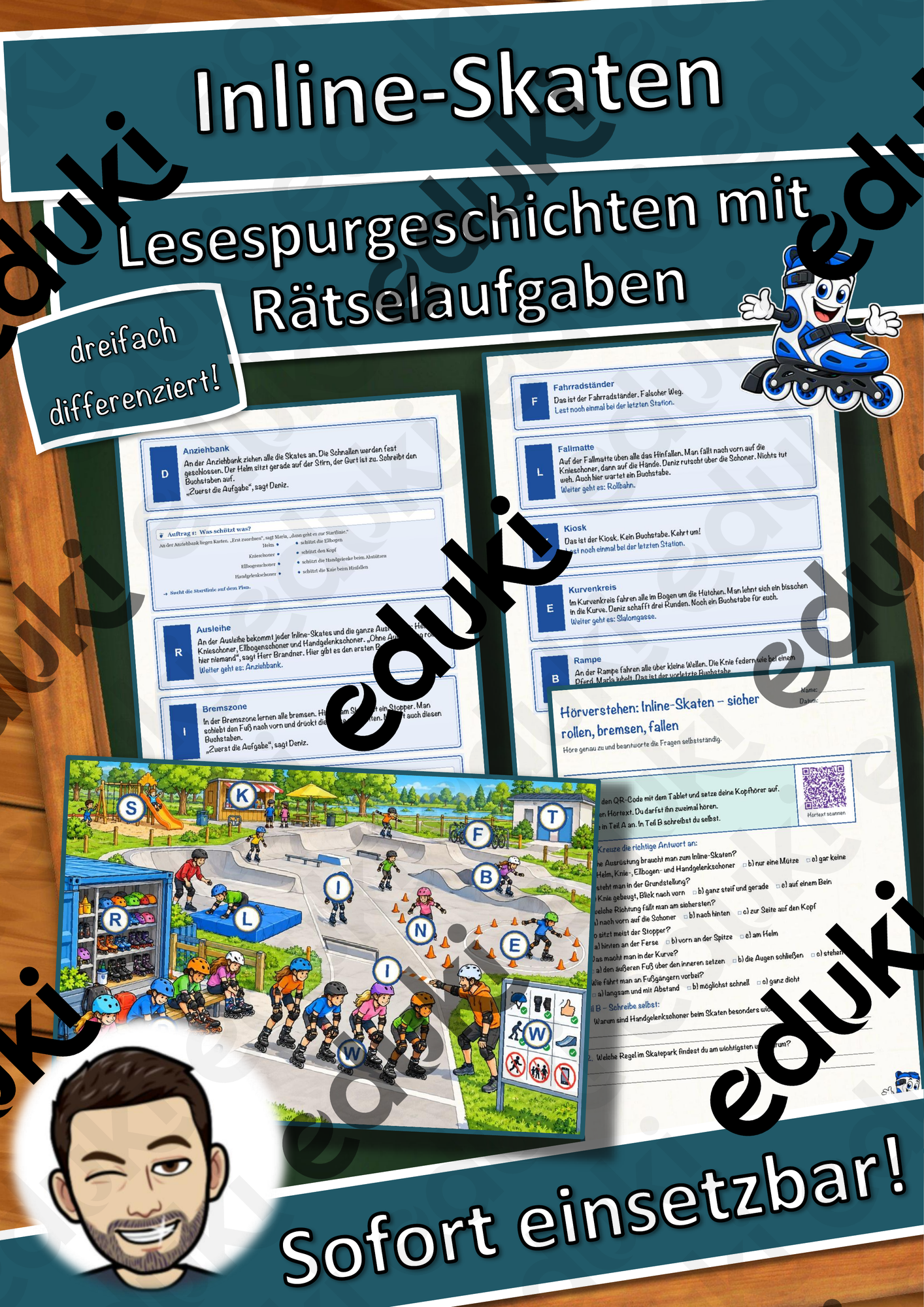 Inline-Skaten – sicher rollen, bremsen, fallen – Lesespurgeschichte mit Rätselaufgaben (Klasse 5)