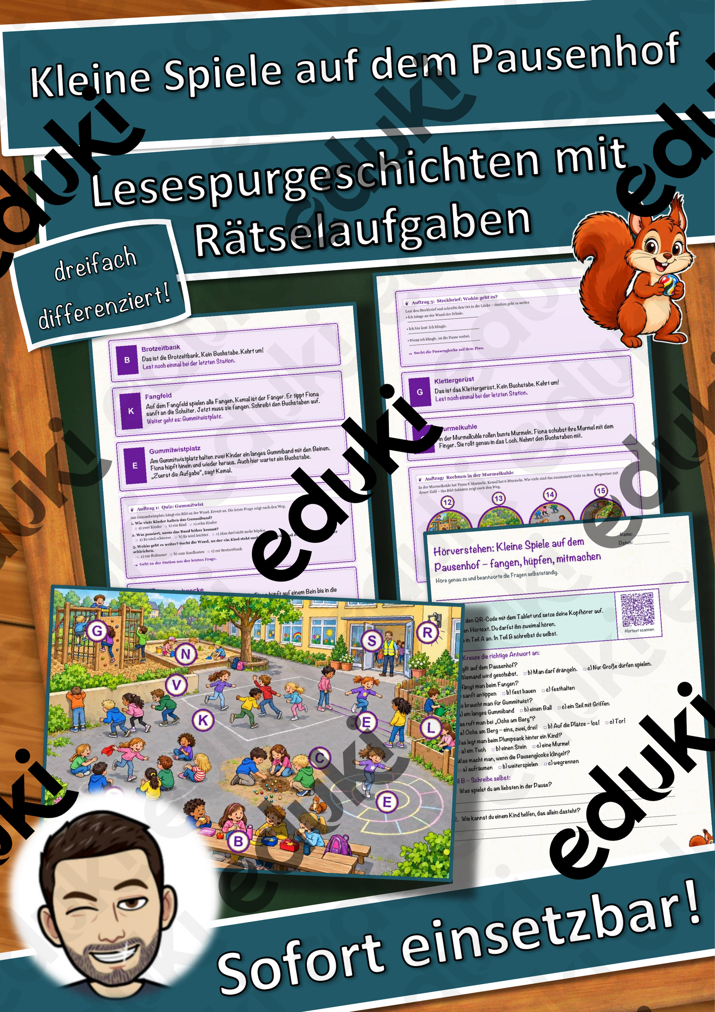 Kleine Spiele auf dem Pausenhof – fangen, hüpfen, mitmachen – Lesespurgeschichte mit Rätselaufgaben (Klasse 1)