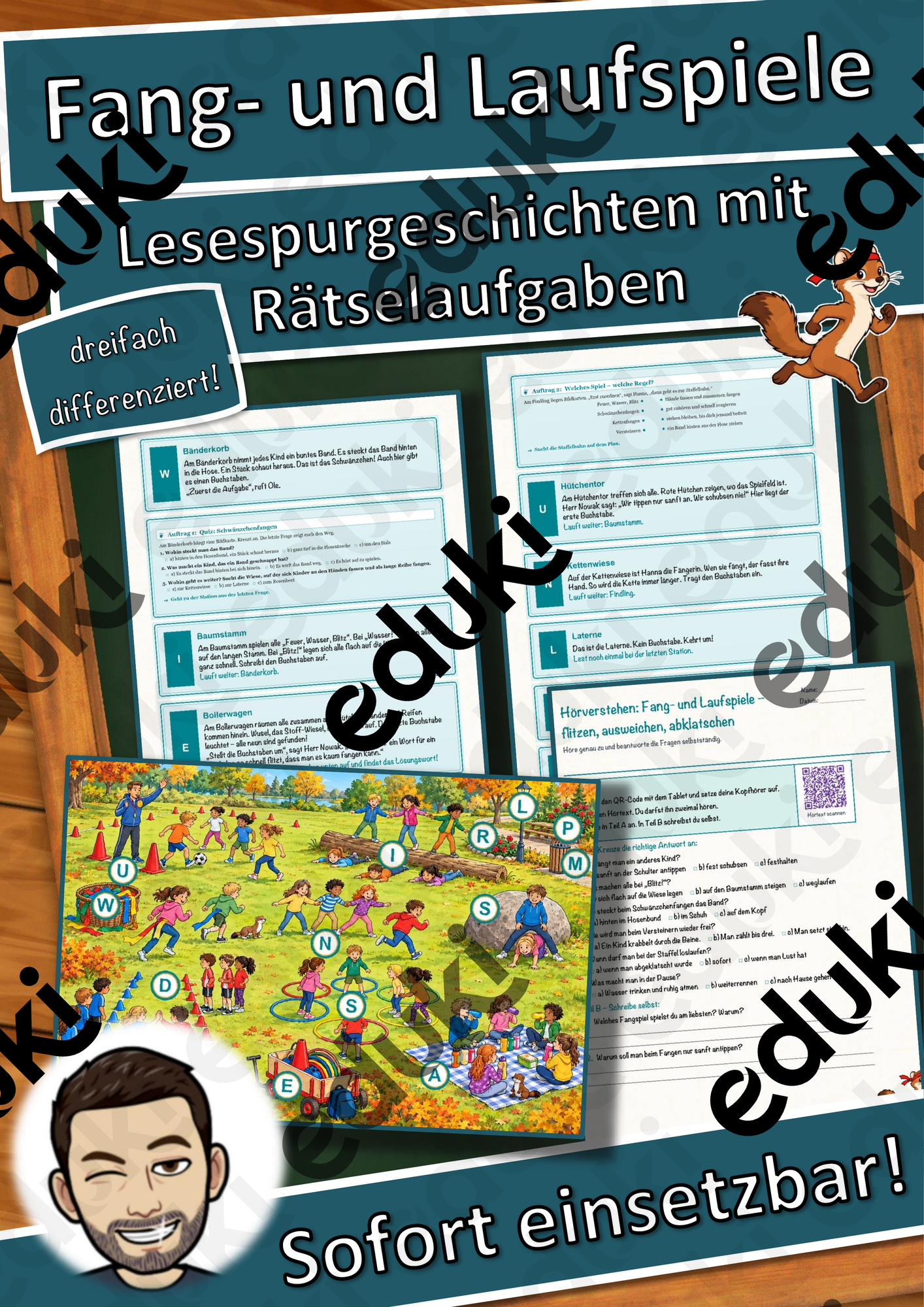 Fang- und Laufspiele – flitzen, ausweichen, abklatschen – Lesespurgeschichte mit Rätselaufgaben (Klasse 1)