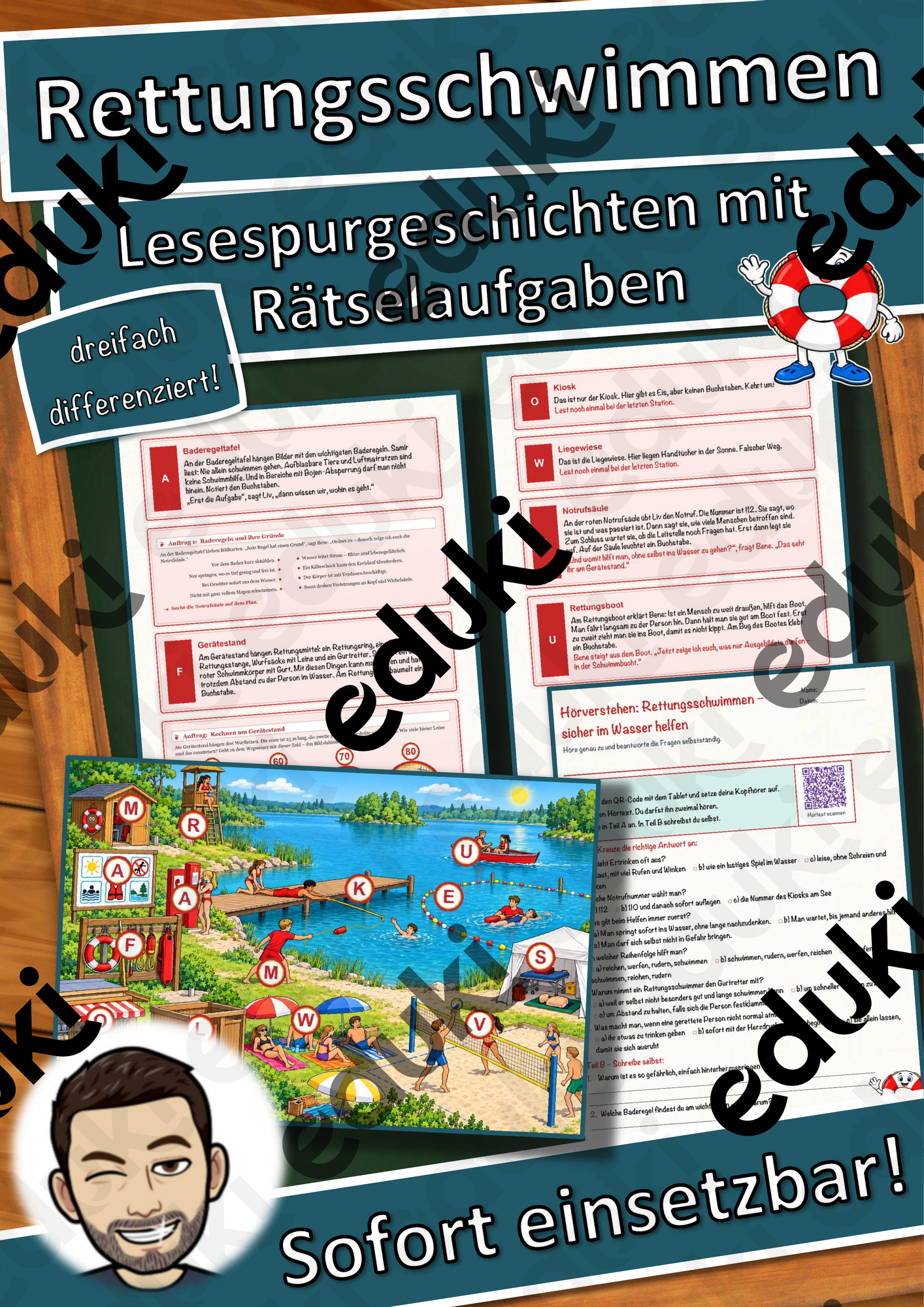 Rettungsschwimmen – sicher im Wasser helfen – Lesespurgeschichte mit Rätselaufgaben (Klasse 9)