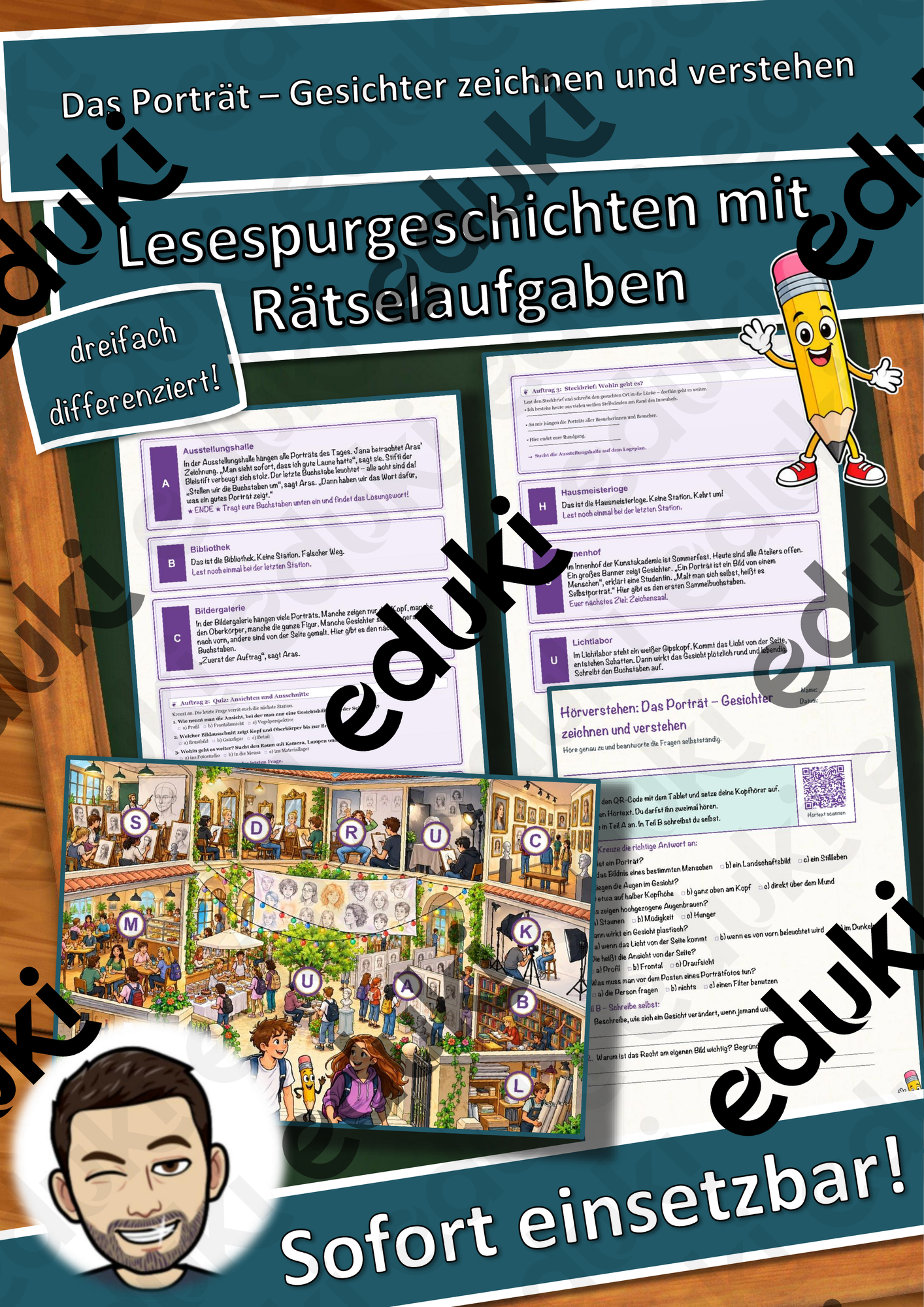 Das Porträt – Gesichter zeichnen und verstehen – Lesespurgeschichte mit Rätselaufgaben (Klasse 7)