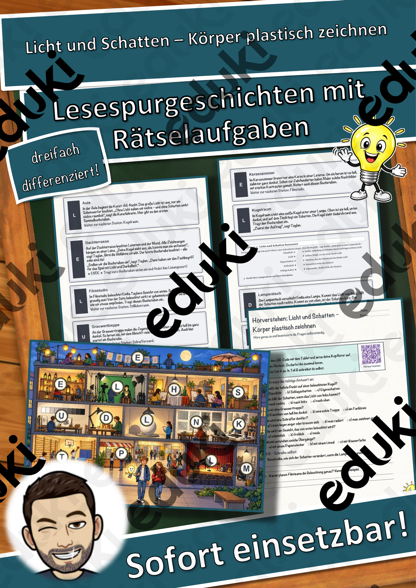 Licht und Schatten – Körper plastisch zeichnen – Lesespurgeschichte mit Rätselaufgaben (Klasse 8)