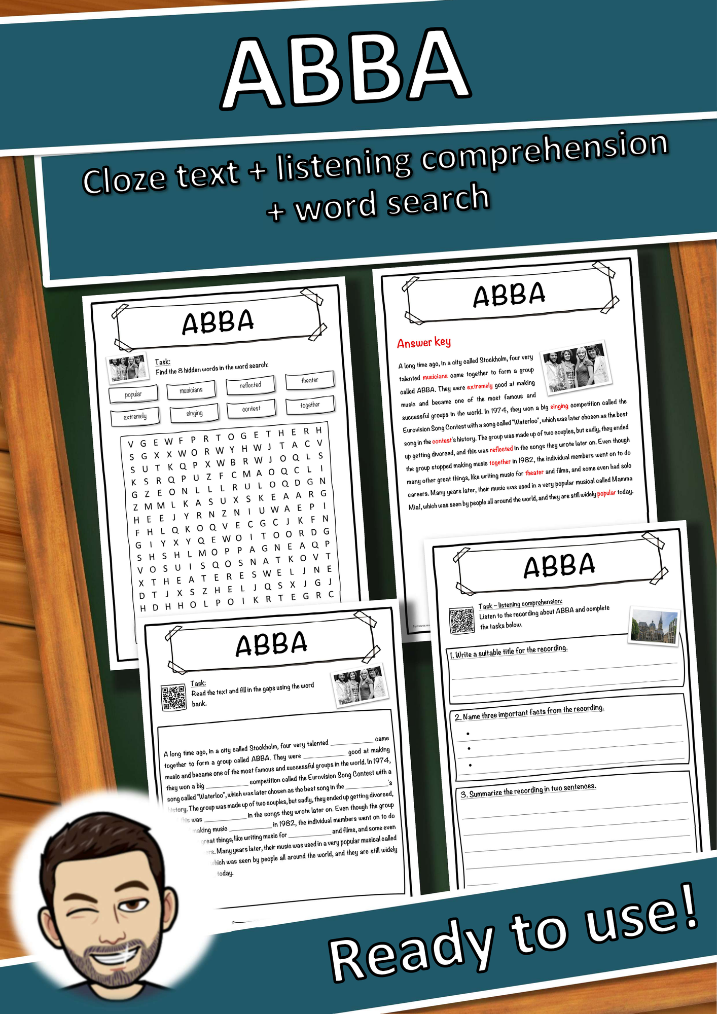 ABBA – Worksheet: cloze text, listening comprehension and word search - English