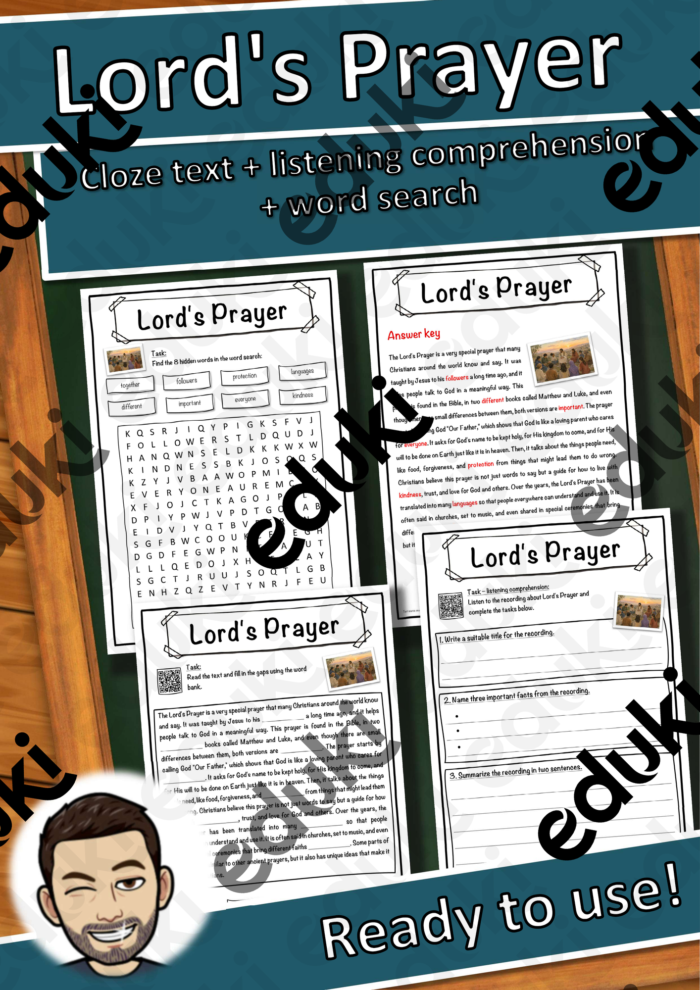 Lord's Prayer – Worksheet: cloze text, listening comprehension and word search - English
