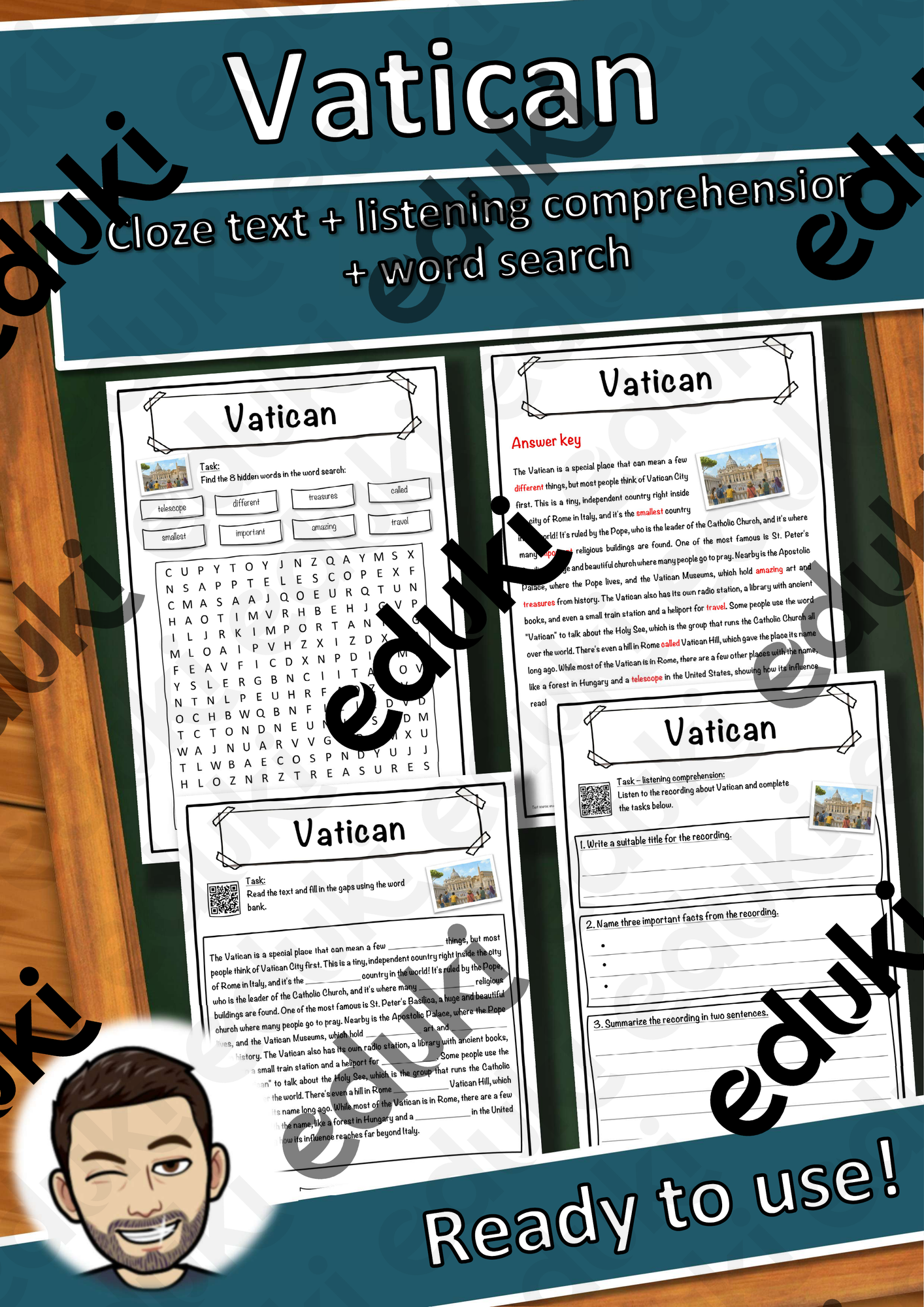 Vatican – Worksheet: cloze text, listening comprehension and word search - English