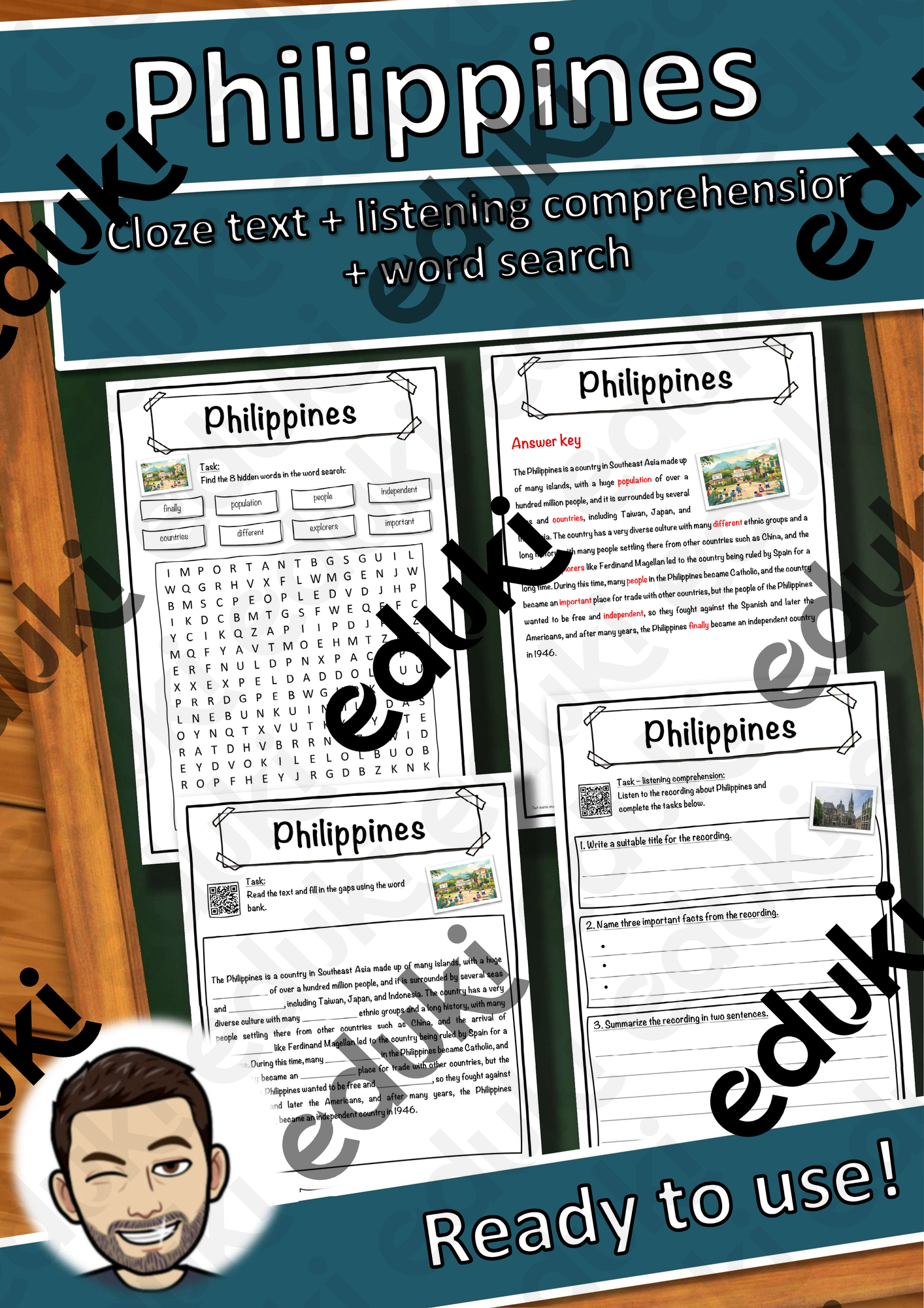 Philippines – Worksheet: cloze text, listening comprehension and word search - English