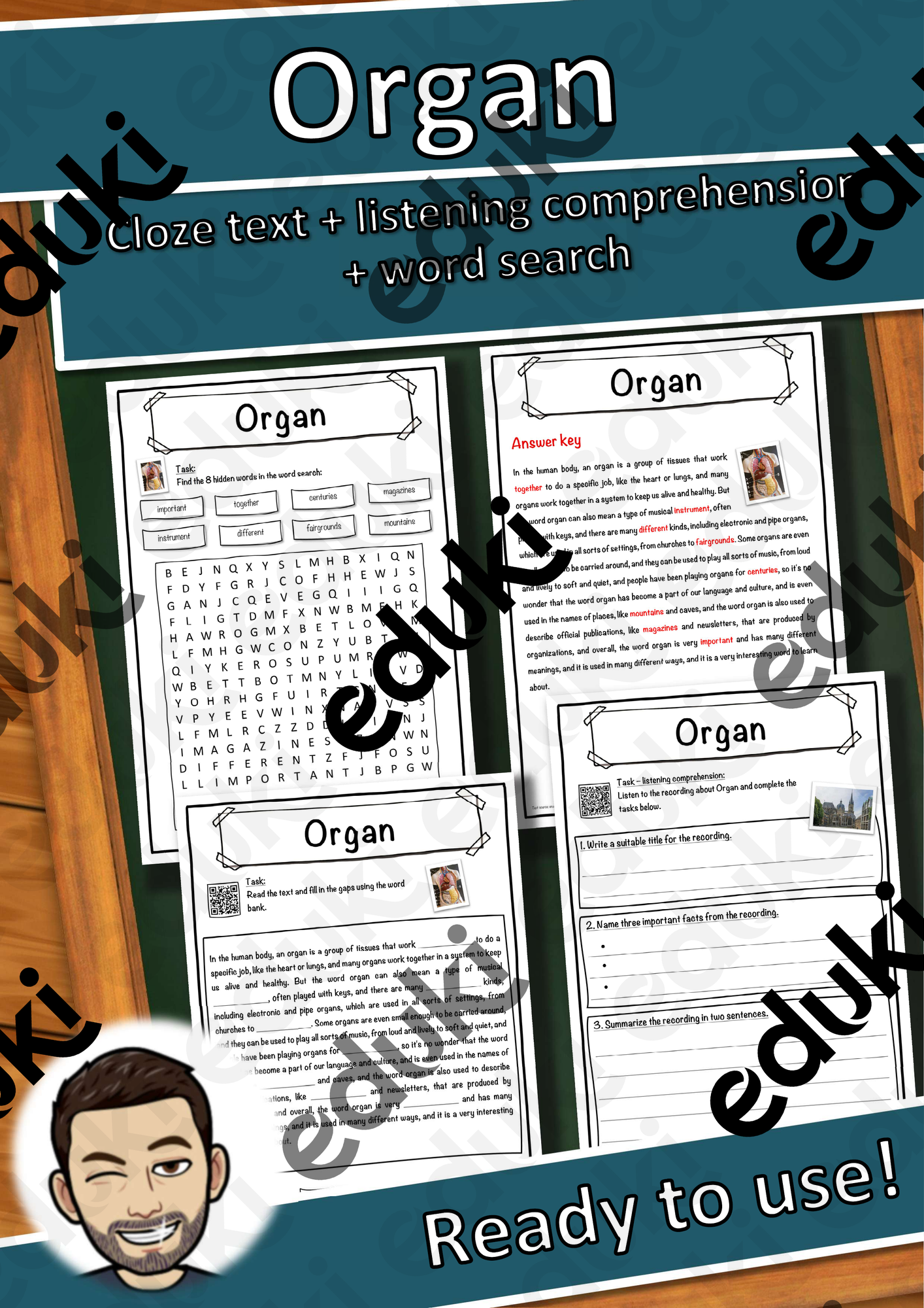 Organ – Worksheet: cloze text, listening comprehension and word search - English